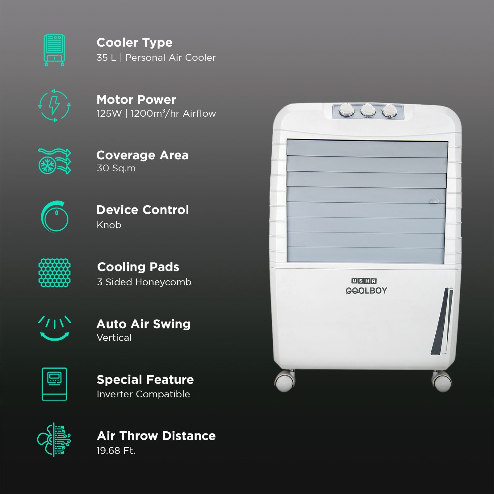 USHA COOLBOY 35 Litres Personal Air Cooler with Inverter Compatible (Thermal Overload Protection, White) USHA COOLBOY 35 Litres Personal Air Cooler with Inverter Compatible (Thermal Overload Protection, White)_3