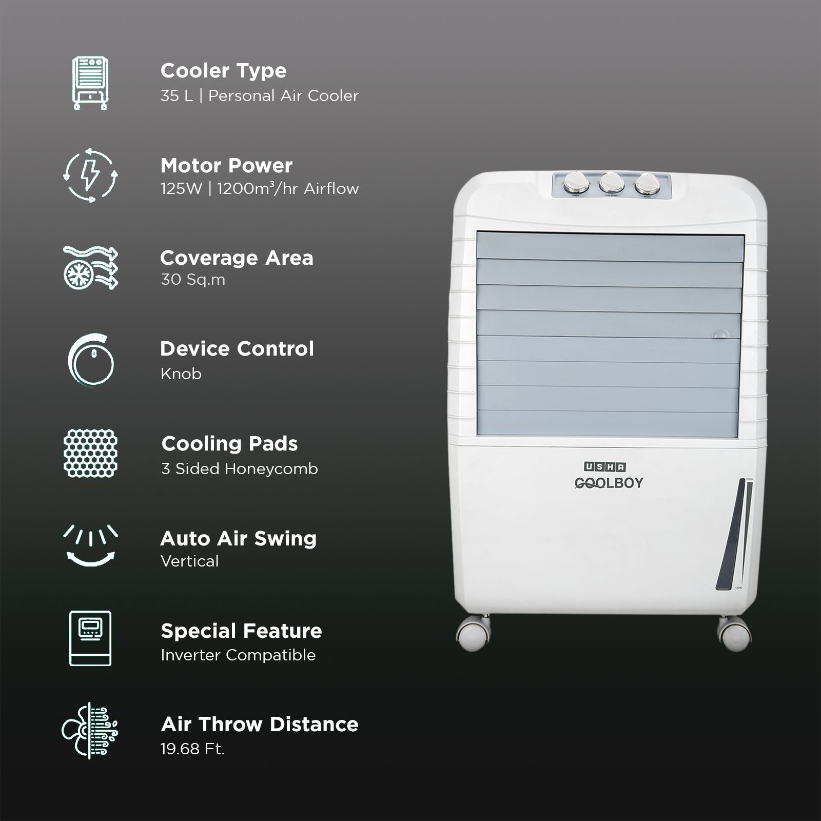 USHA COOLBOY 35 Litres Personal Air Cooler with Inverter Compatible (Thermal Overload Protection, White)_3