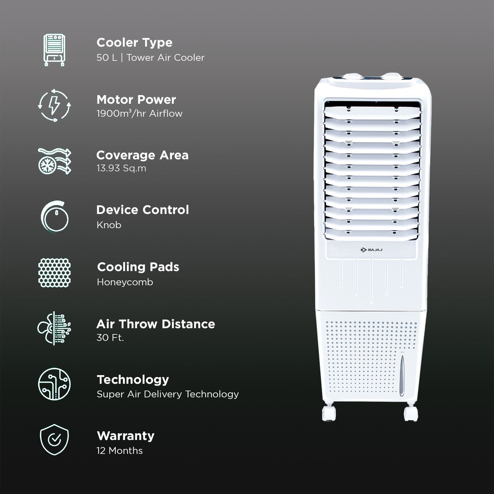 BAJAJ 50 Litres Tower Air Cooler with Typhoon Blower Technology (Anti Bacterial Hexacool Master, White)_3