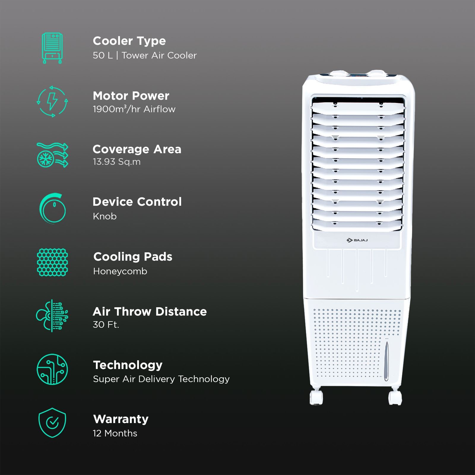 BAJAJ 50 Litres Tower Air Cooler with Typhoon Blower Technology (Anti Bacterial Hexacool Master, White)_3