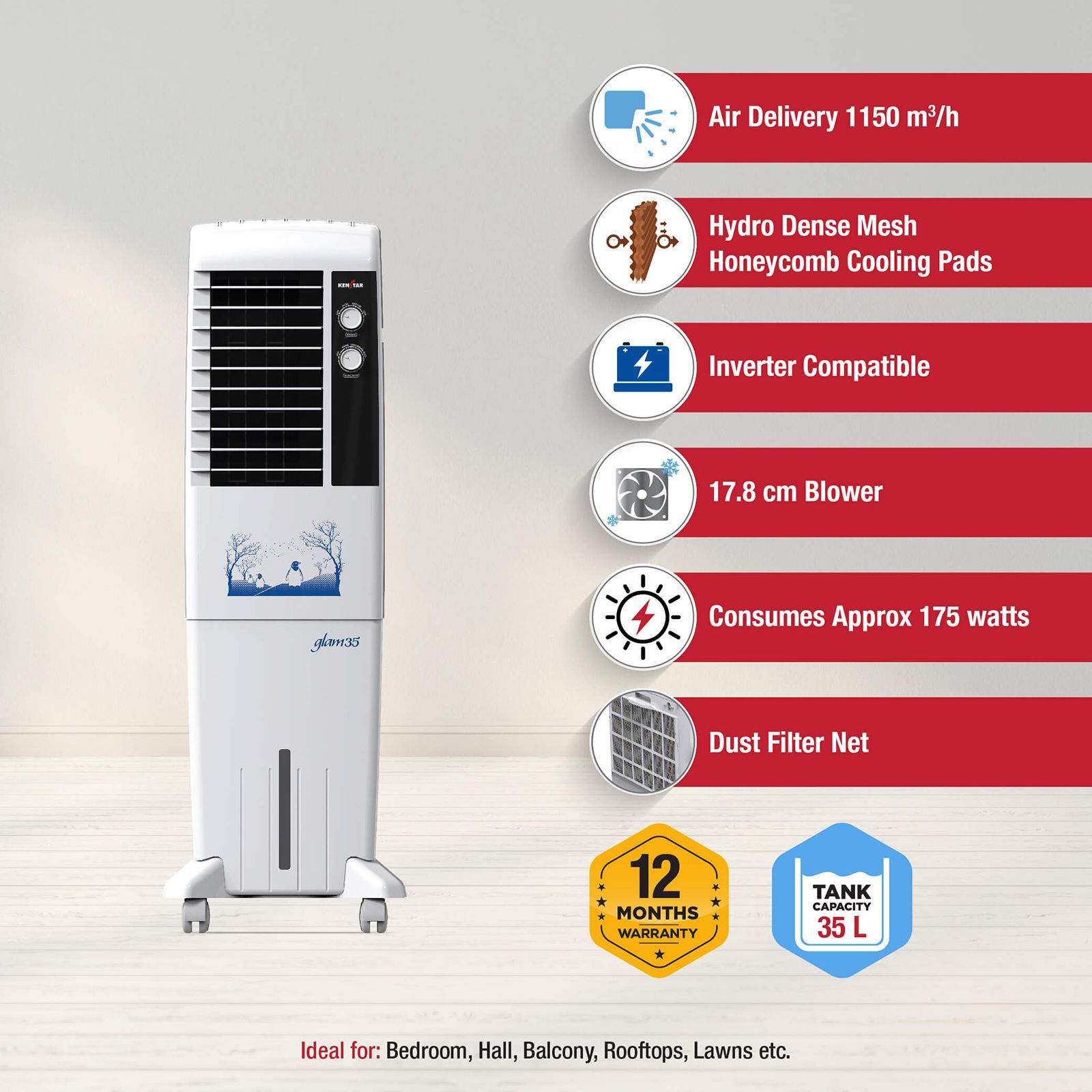 KENSTAR GLAM 35 Litres Tower Air Cooler (Inverter Compatible, KCLGLMWH035BMH-ELM, White) KENSTAR GLAM 35 Litres Tower Air Cooler (Inverter Compatible, KCLGLMWH035BMH-ELM, White)_7