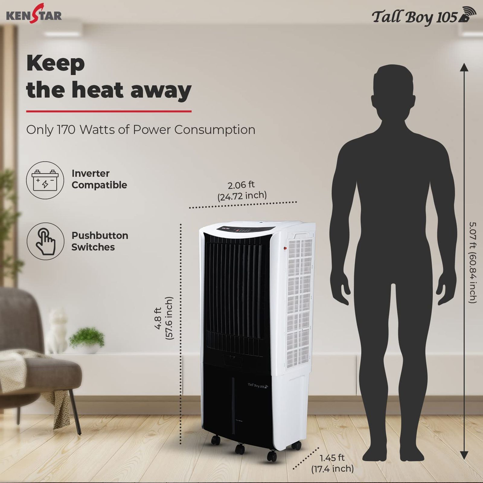 KENSTAR TALLBOY HC 105 Litres Desert Air Cooler (Honeycomb Cooling Technology, KCLTLBBK105FMH-ESV, Black & White)_8