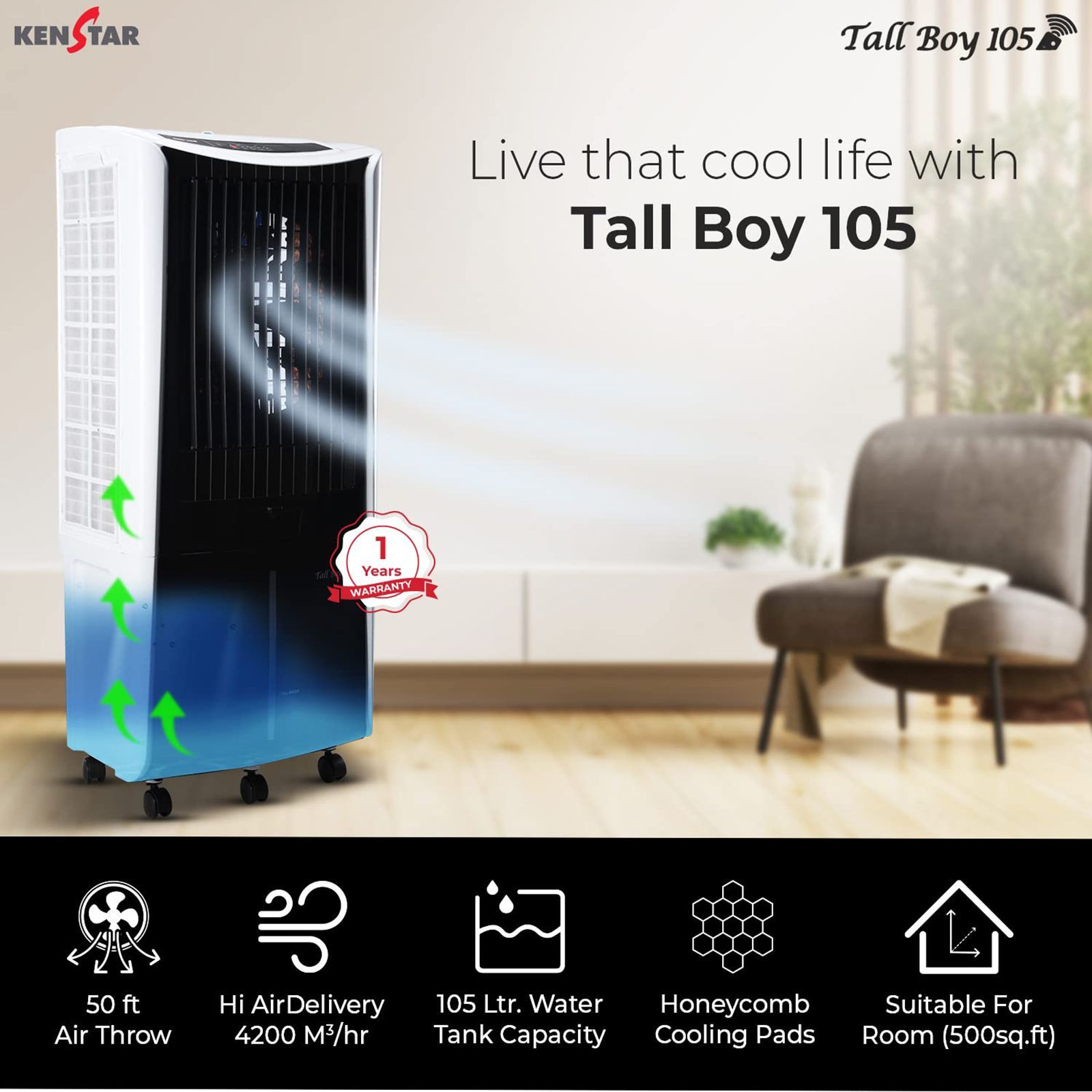 KENSTAR TALLBOY HC 105 Litres Desert Air Cooler (Honeycomb Cooling Technology, KCLTLBBK105FMH-ESV, Black & White)_2