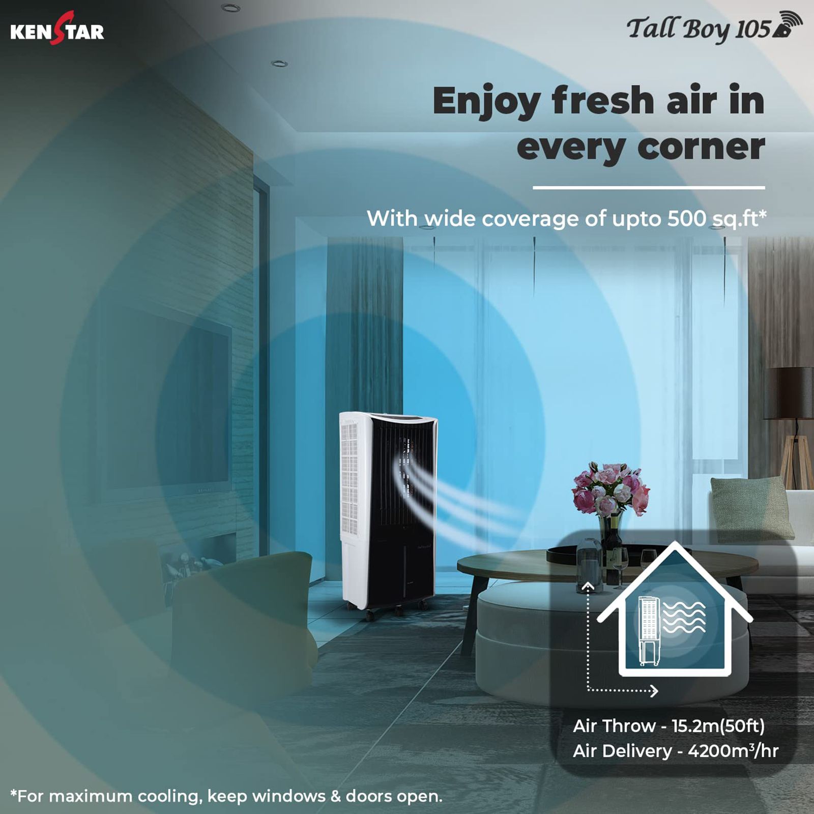 KENSTAR TALLBOY HC 105 Litres Desert Air Cooler (Honeycomb Cooling Technology, KCLTLBBK105FMH-ESV, Black & White)_3