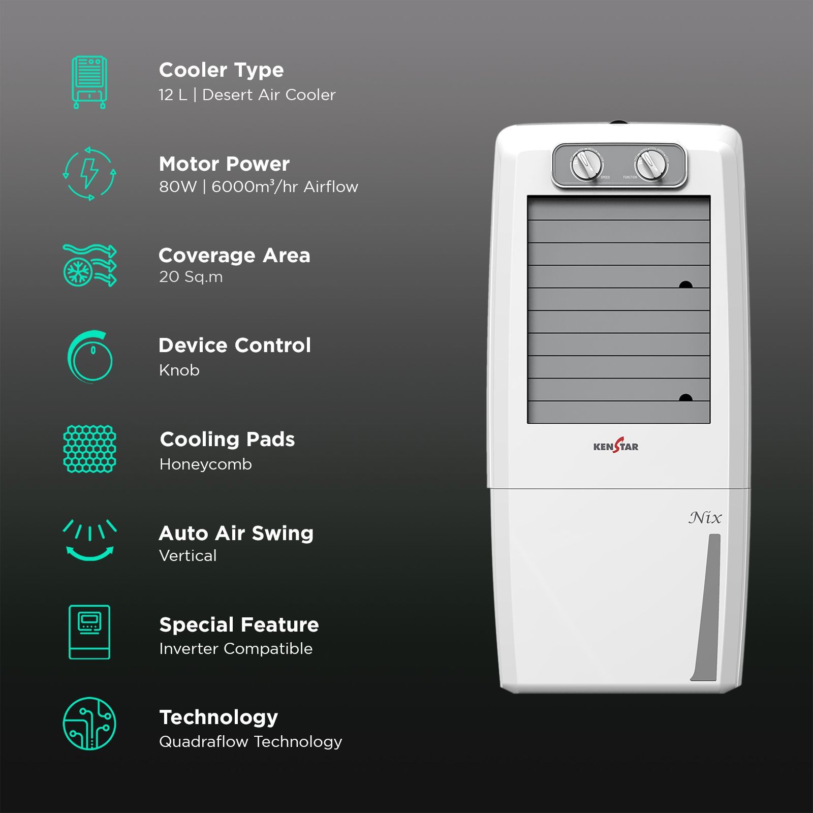 KENSTAR NIX 12 Litres Portable Air Cooler with Inverter Compatible (Quadraflow Technology, White)_3