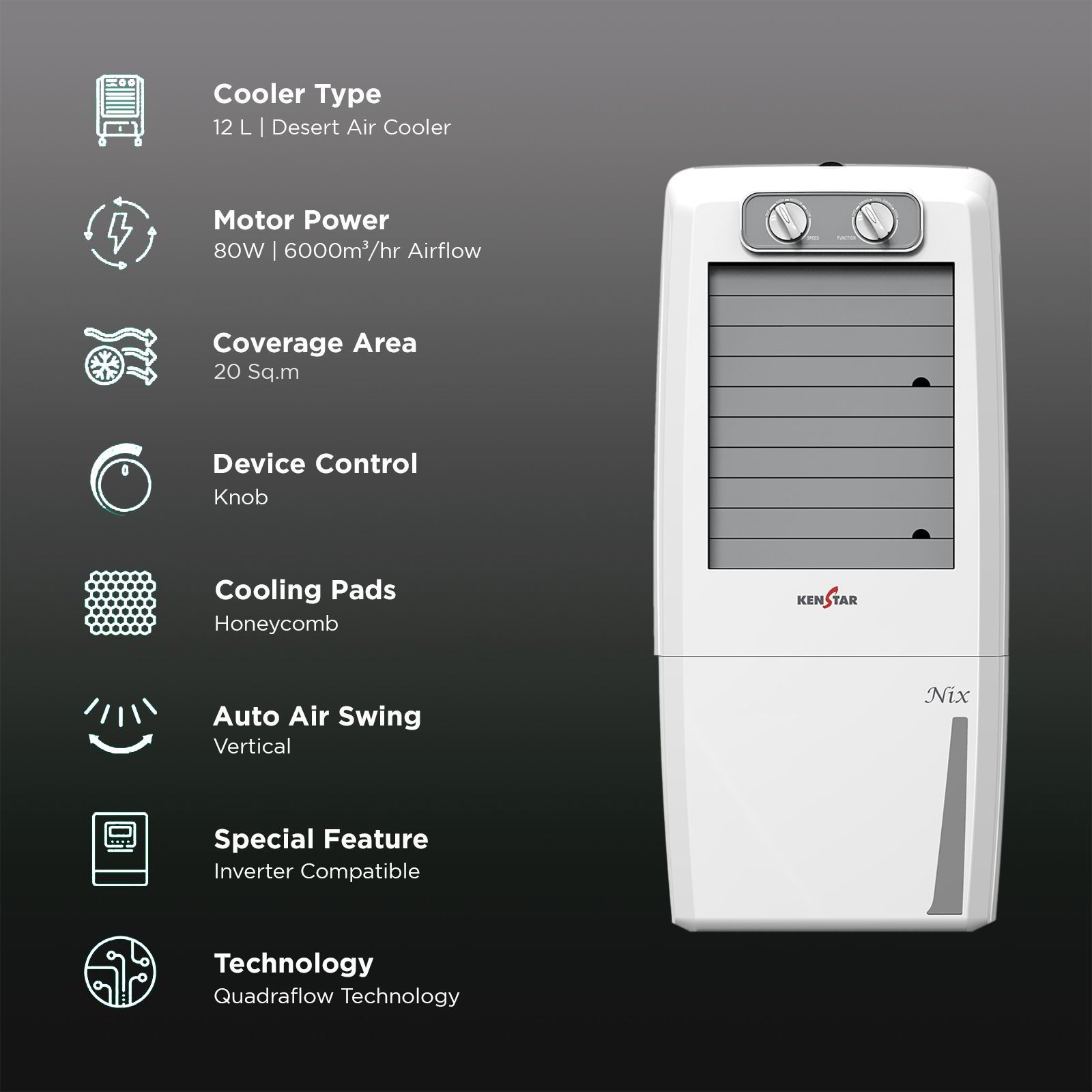 KENSTAR NIX 12 Litres Portable Air Cooler with Inverter Compatible (Quadraflow Technology, White)_3