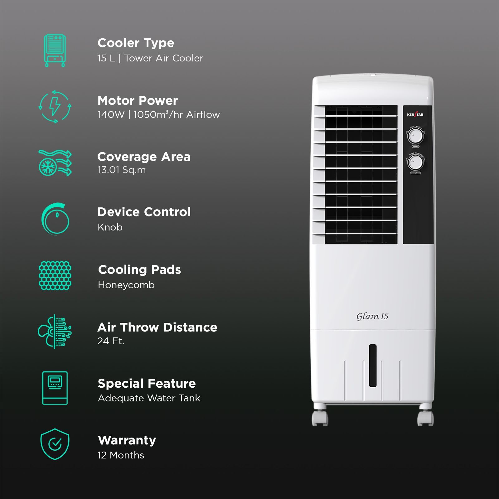 KENSTAR GLAM 15 Litres Tower Air Cooler with Ice Chamber (Dust Net Filter, White)_3