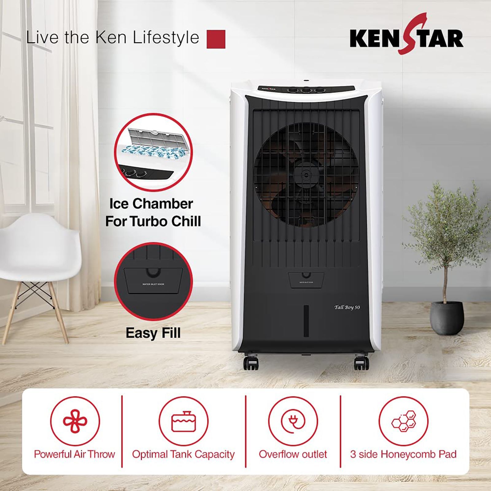 KENSTAR TALLBOY 50 Litres Desert Air Cooler (Honeycomb Cooling Pad, KCLTLBBK050FMH-ESV, Black and White)_3