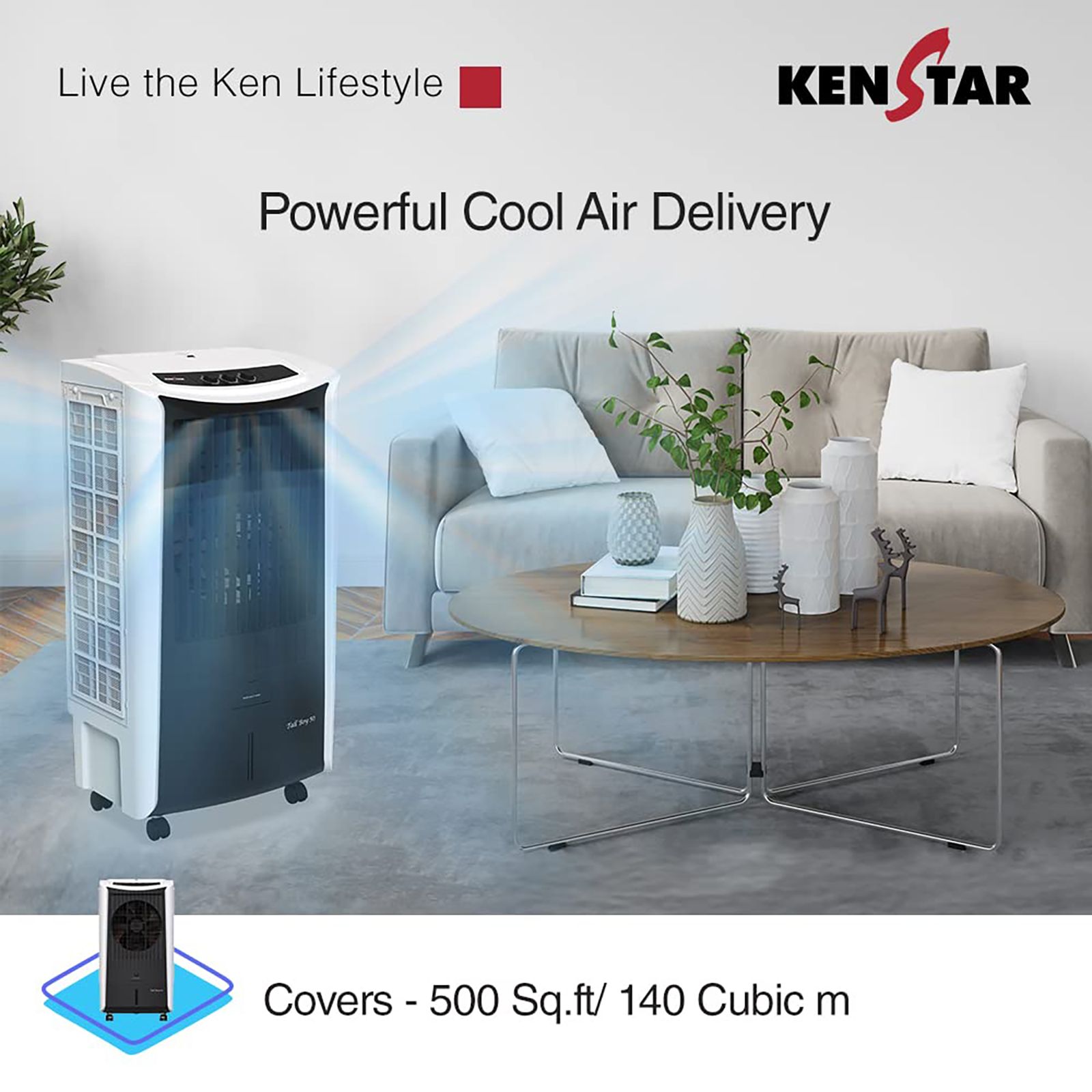 KENSTAR TALLBOY 50 Litres Desert Air Cooler (Honeycomb Cooling Pad, KCLTLBBK050FMH-ESV, Black and White)_7