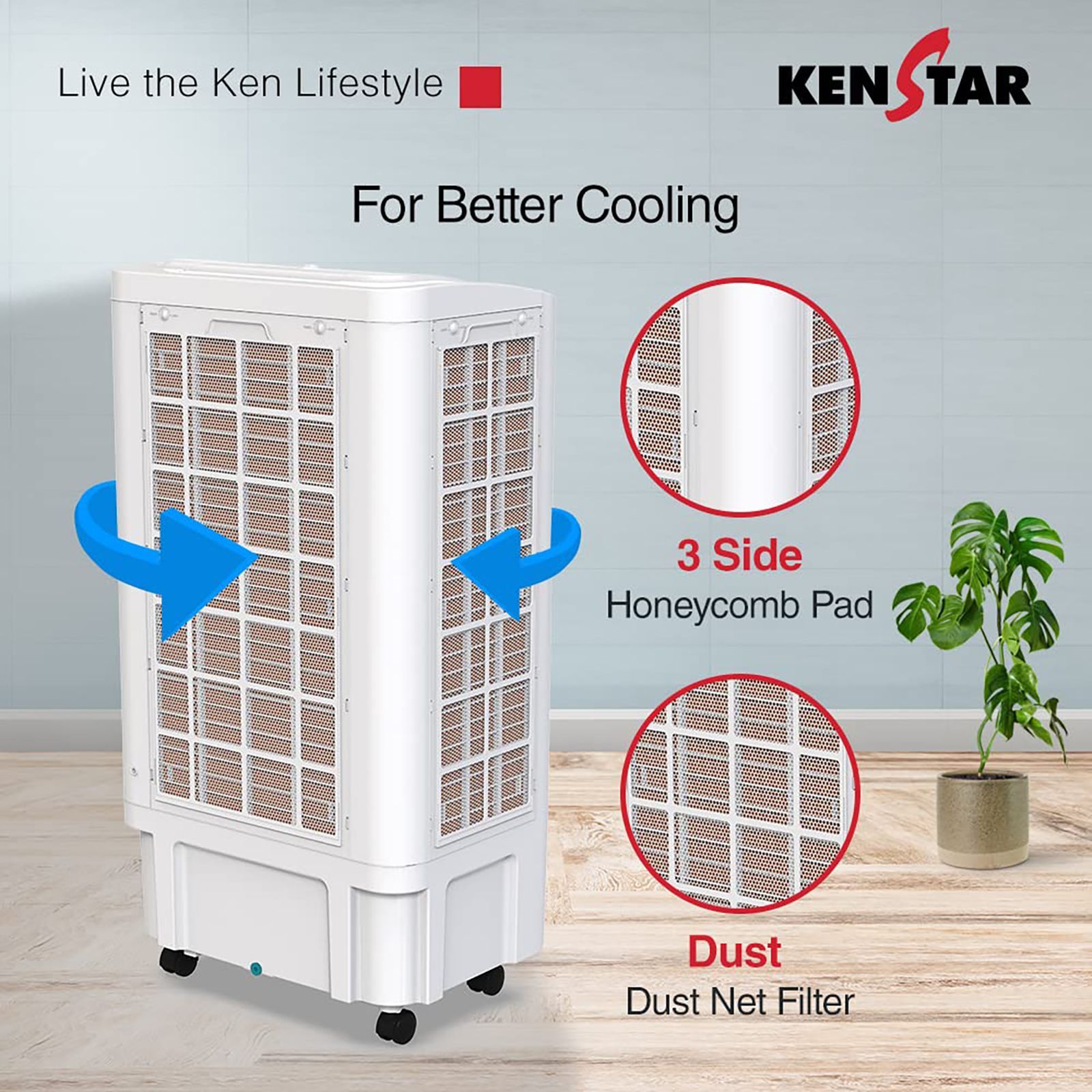 KENSTAR TALLBOY 50 Litres Desert Air Cooler (Honeycomb Cooling Pad, KCLTLBBK050FMH-ESV, Black and White)_2