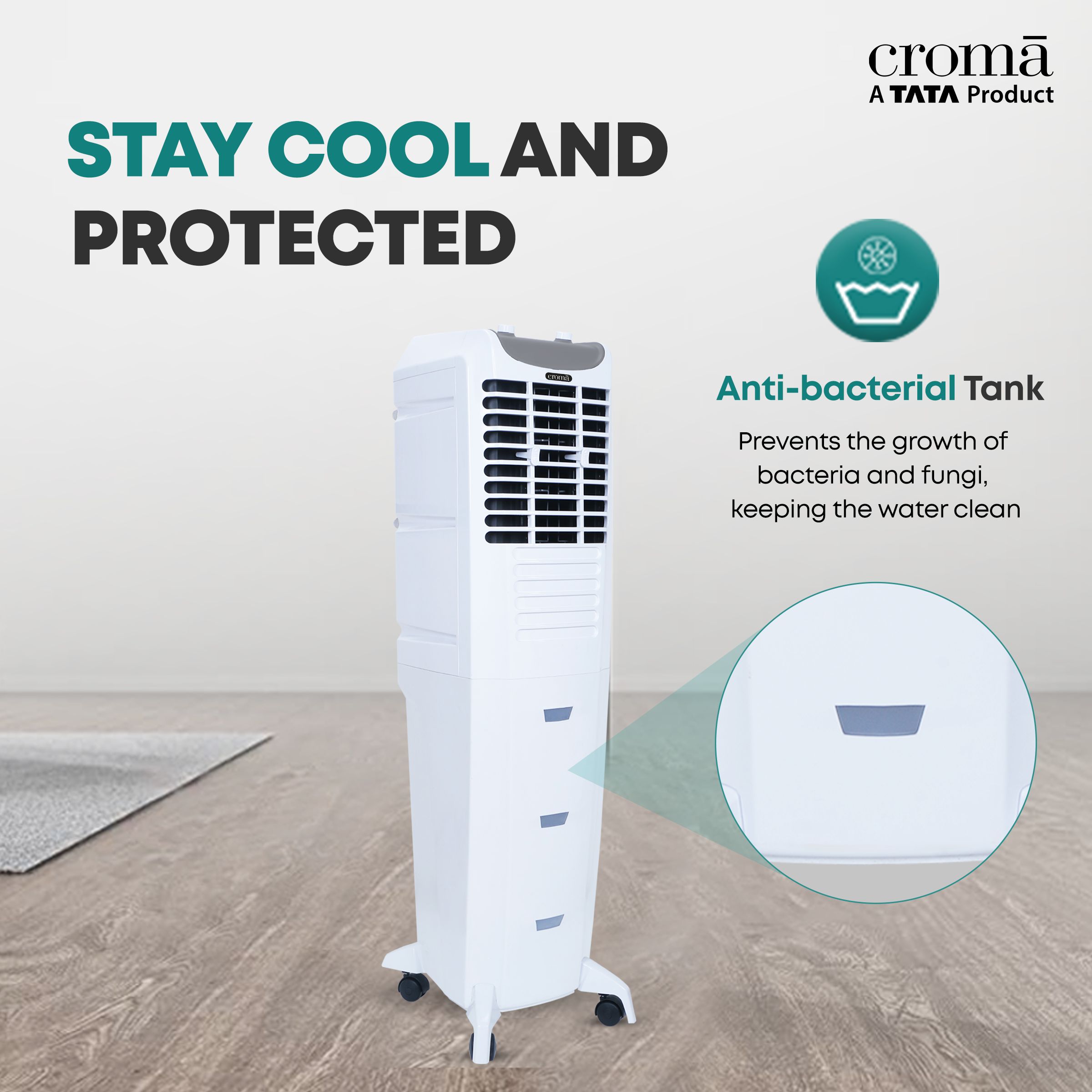Croma 55 Litres Tower Air Cooler (Anti-bacterial Honeycomb Pad & Tank, White & Grey) Croma 55 Litres Tower Air Cooler (Anti-bacterial Honeycomb Pad & Tank, White & Grey)_9
