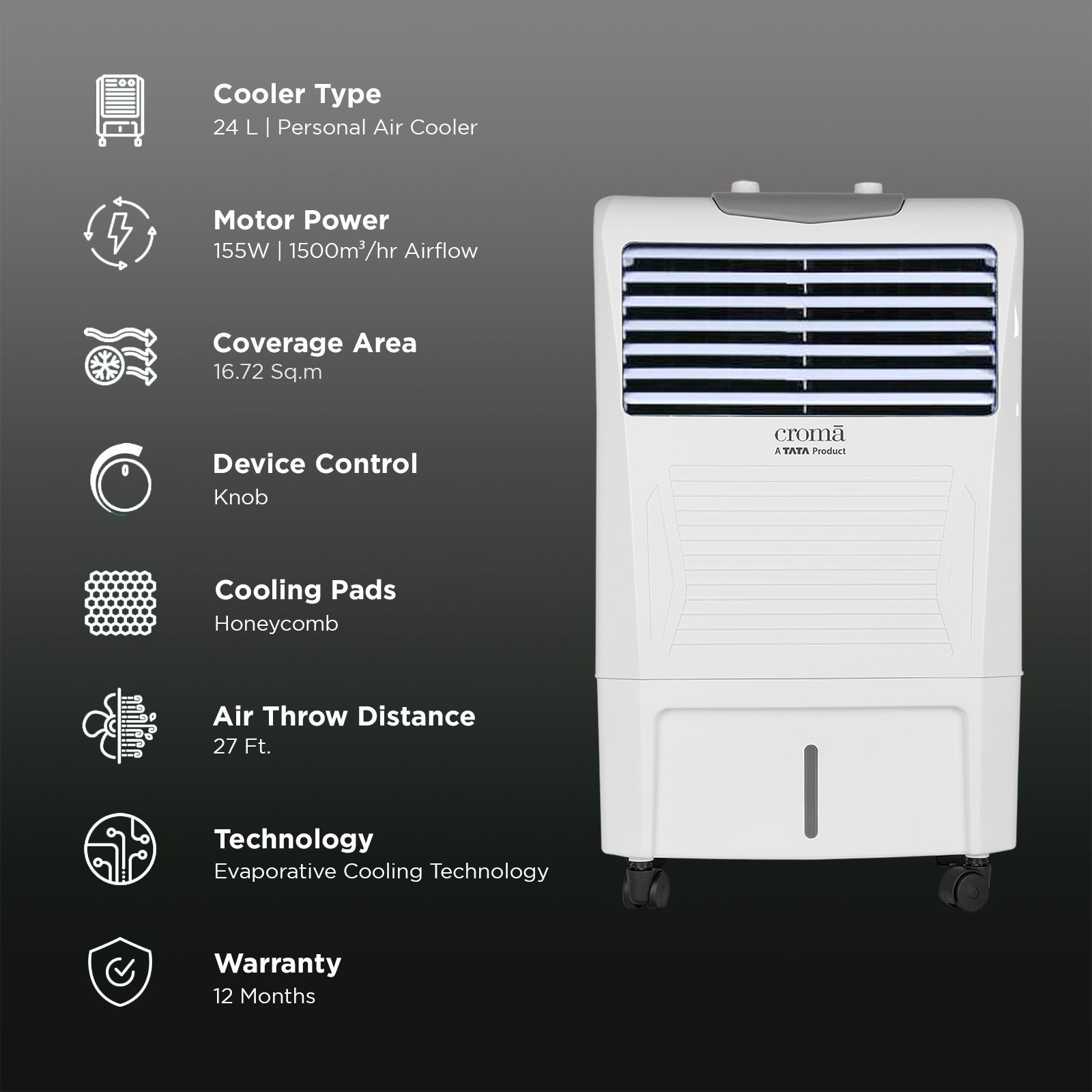 Croma 24 Litres Personal Air Cooler with Inverter Compatible (Water Level Indicator, White)_3