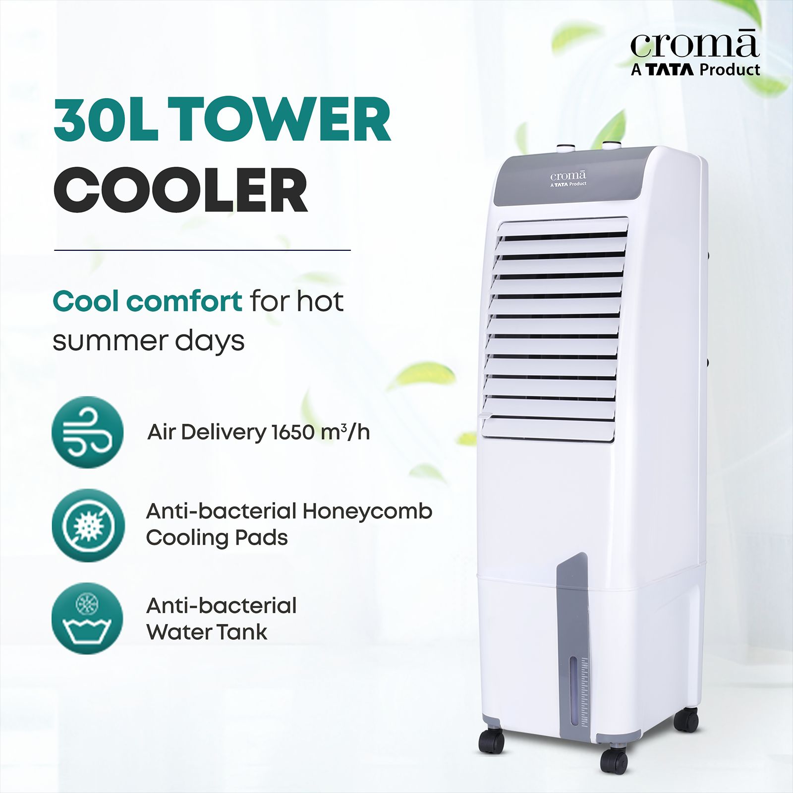 Croma 30 Litres Tower Air Cooler with Inverter Compatible (Ice Chamber, White & Grey)_4