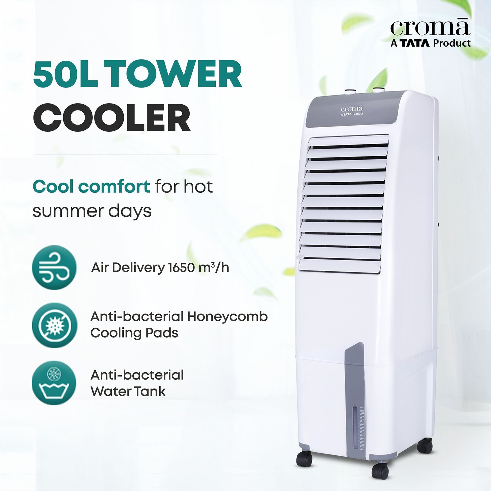 Croma 50 Litres Tower Air Cooler with Inverter Compatible (Ice Chamber, White & Grey)_8