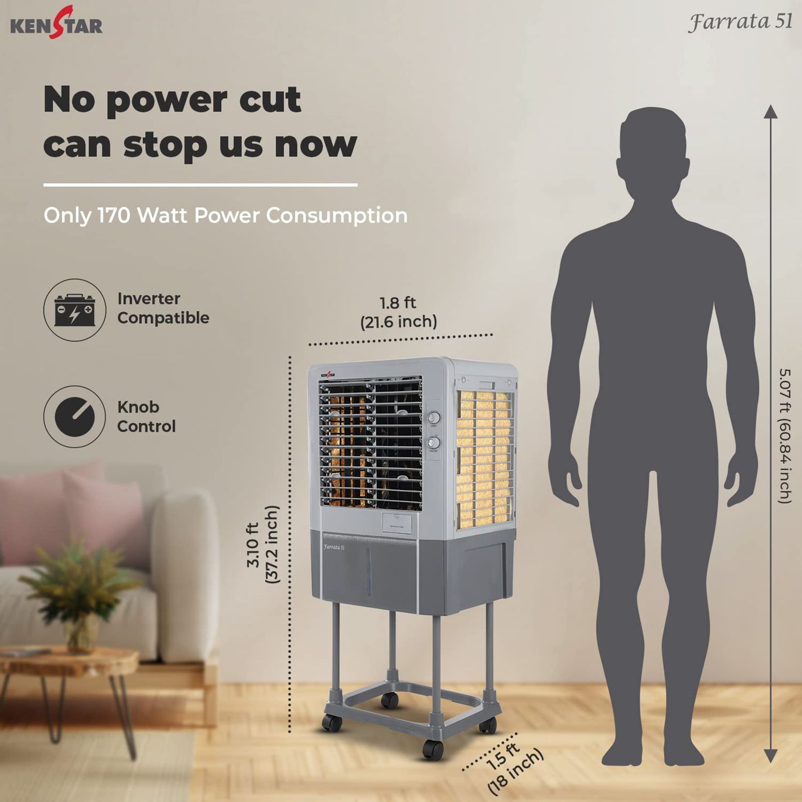 KENSTAR Farrata 51 Liters Desert Air Cooler (Rust Proof, KCLFARGY051FMW-ESV, Grey Dual Tone)_7