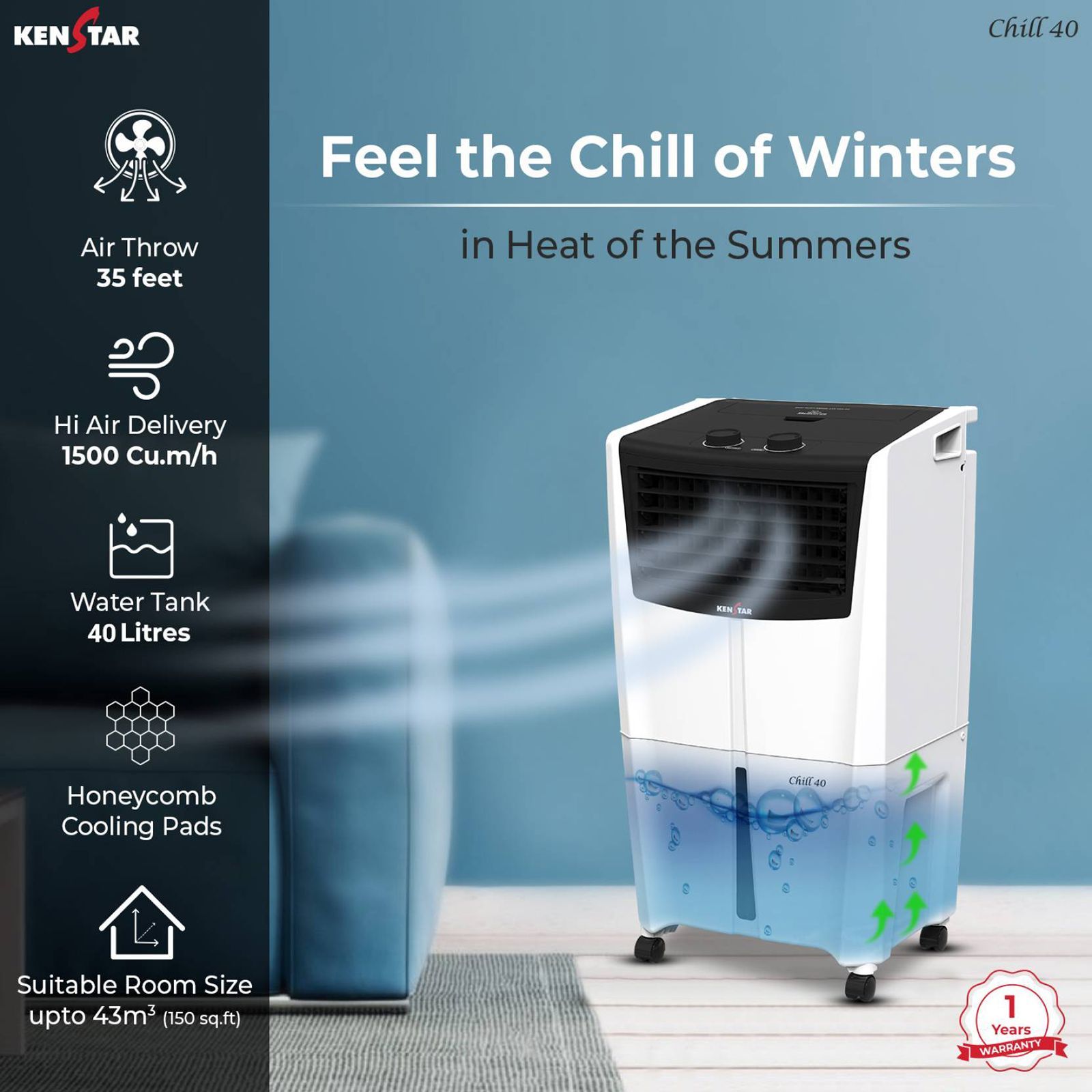KENSTAR Chill HC 40 Liters Personal Air Cooler (Rust Proof, KCLCHLBK040BMH-ECT, Black/White)_5