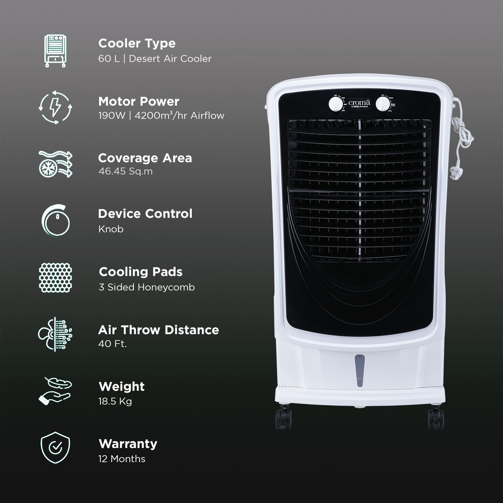 Croma 60 Litres Desert Air Cooler with Inverter Compatible (Evaporative Cooling Technology, White & Black)_3