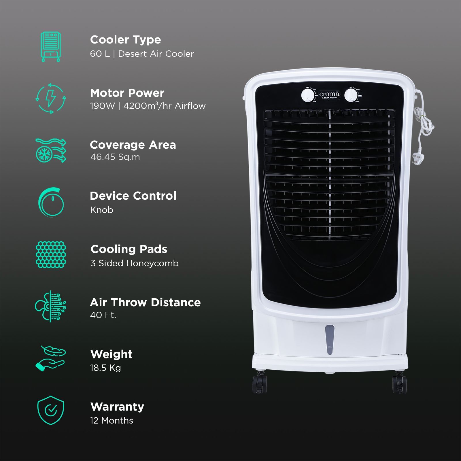 Croma 60 Litres Desert Air Cooler with Inverter Compatible (Evaporative Cooling Technology, White & Black) Croma 60 Litres Desert Air Cooler with Inverter Compatible (Evaporative Cooling Technology, White & Black)_3