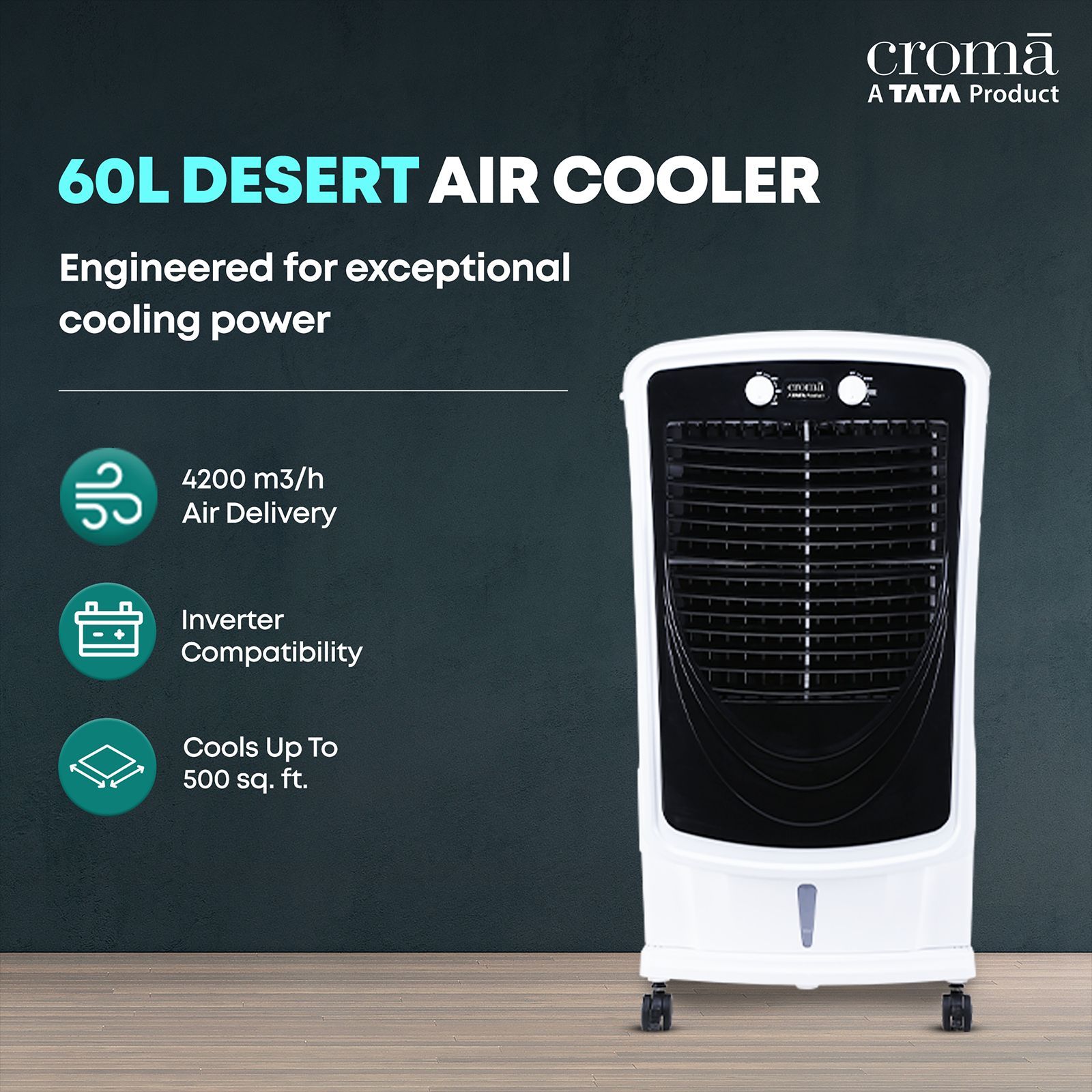 Croma 60 Litres Desert Air Cooler with Inverter Compatible (Evaporative Cooling Technology, White & Black)_8