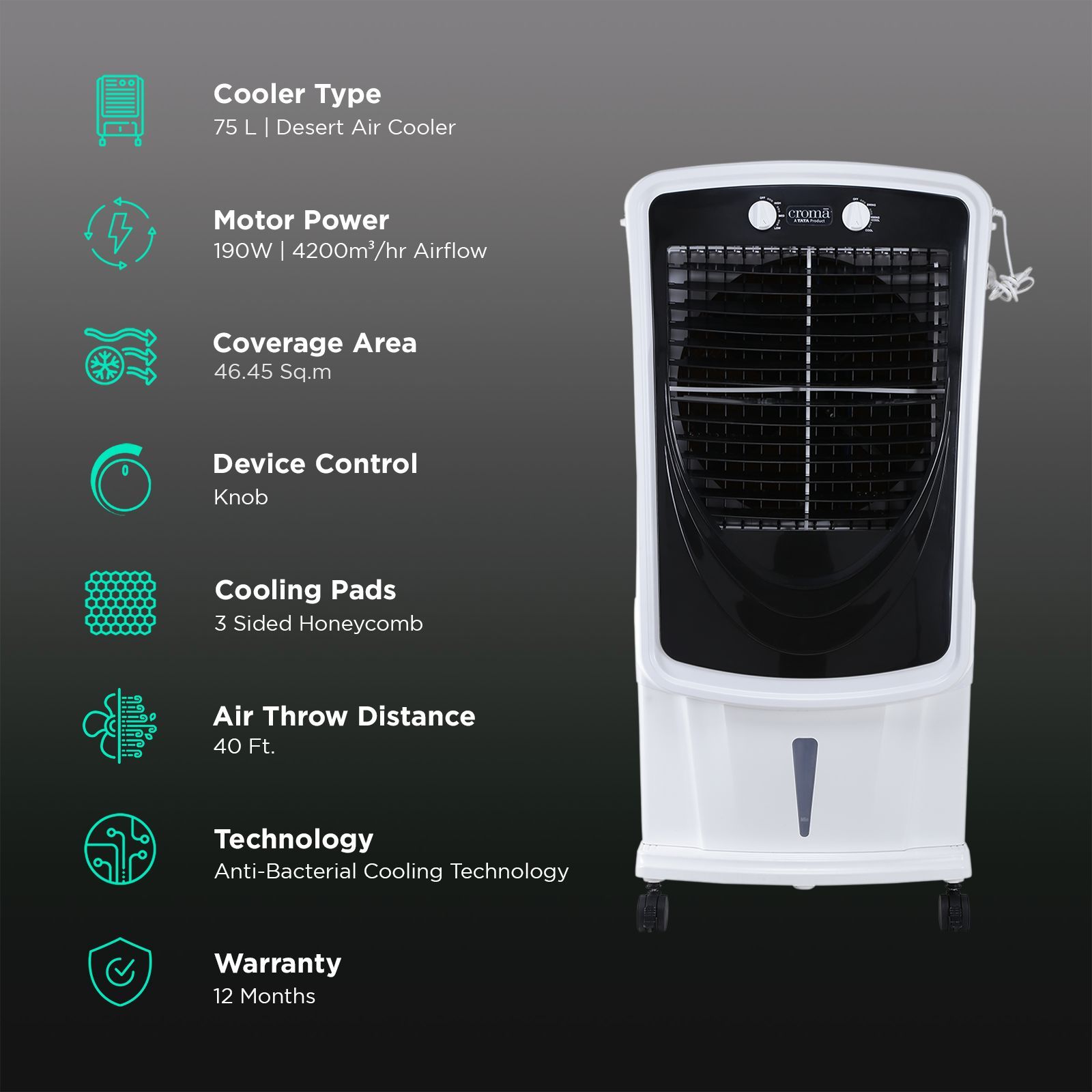 Croma 75 Litres Desert Air Cooler with Inverter Compatible (Evaporative Cooling Technology, White & Black)_3
