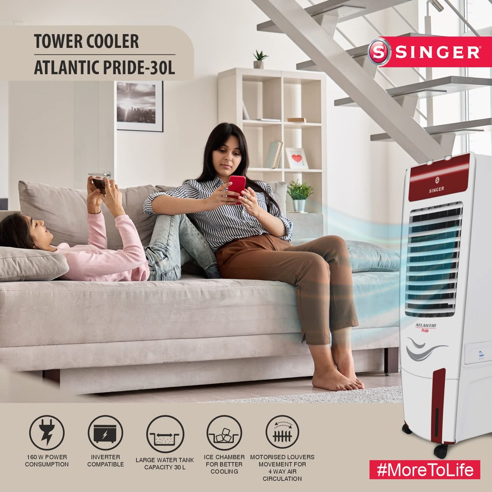 SINGER Atlantic Pride 30 Litres Tower Air Cooler (3 Fan Speed Selection, White)_4