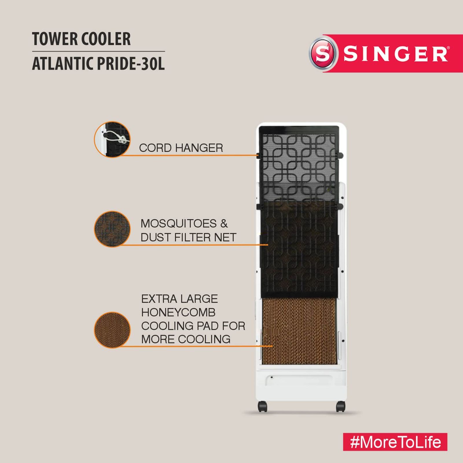 SINGER Atlantic Pride 30 Litres Tower Air Cooler (3 Fan Speed Selection, White)_2