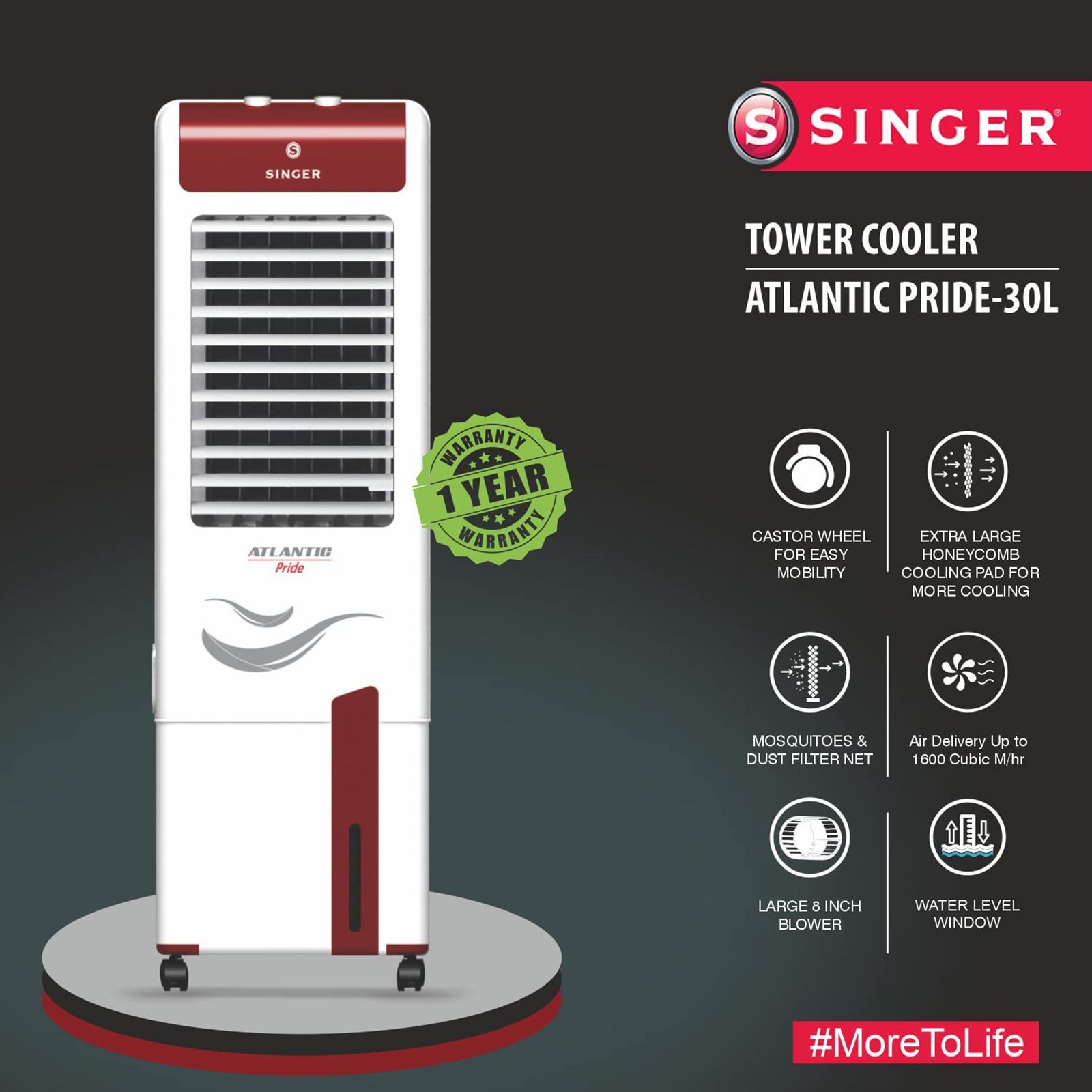 SINGER Atlantic Pride 30 Litres Tower Air Cooler (3 Fan Speed Selection, White)_3