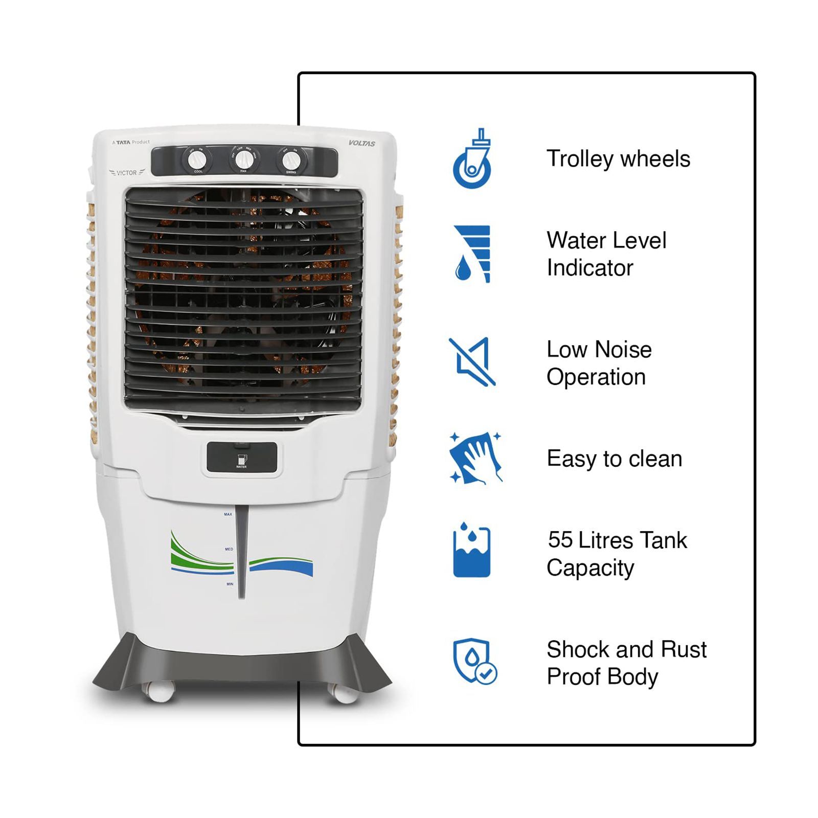 VOLTAS Victor 55 Litres Desert Air Cooler (Inverter Compatible, 4810341, White/Grey)_4