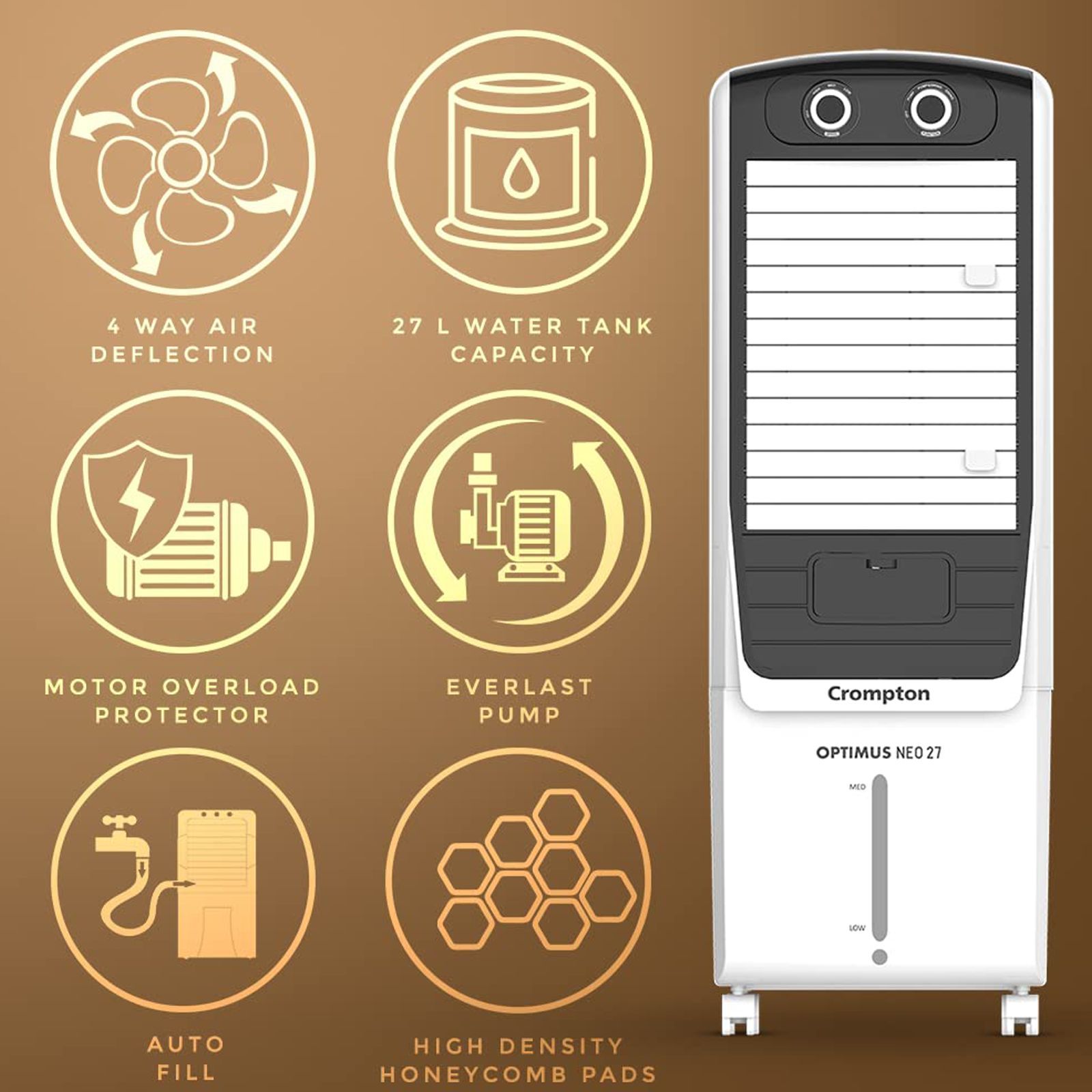 Crompton Optimus Neo 27 Litres Tower Air Cooler (4 Way Air Deflection, ACGC-OPTIMUSNEO27, White and Black) Crompton Optimus Neo 27 Litres Tower Air Cooler (4 Way Air Deflection, ACGC-OPTIMUSNEO27, White and Black)_5