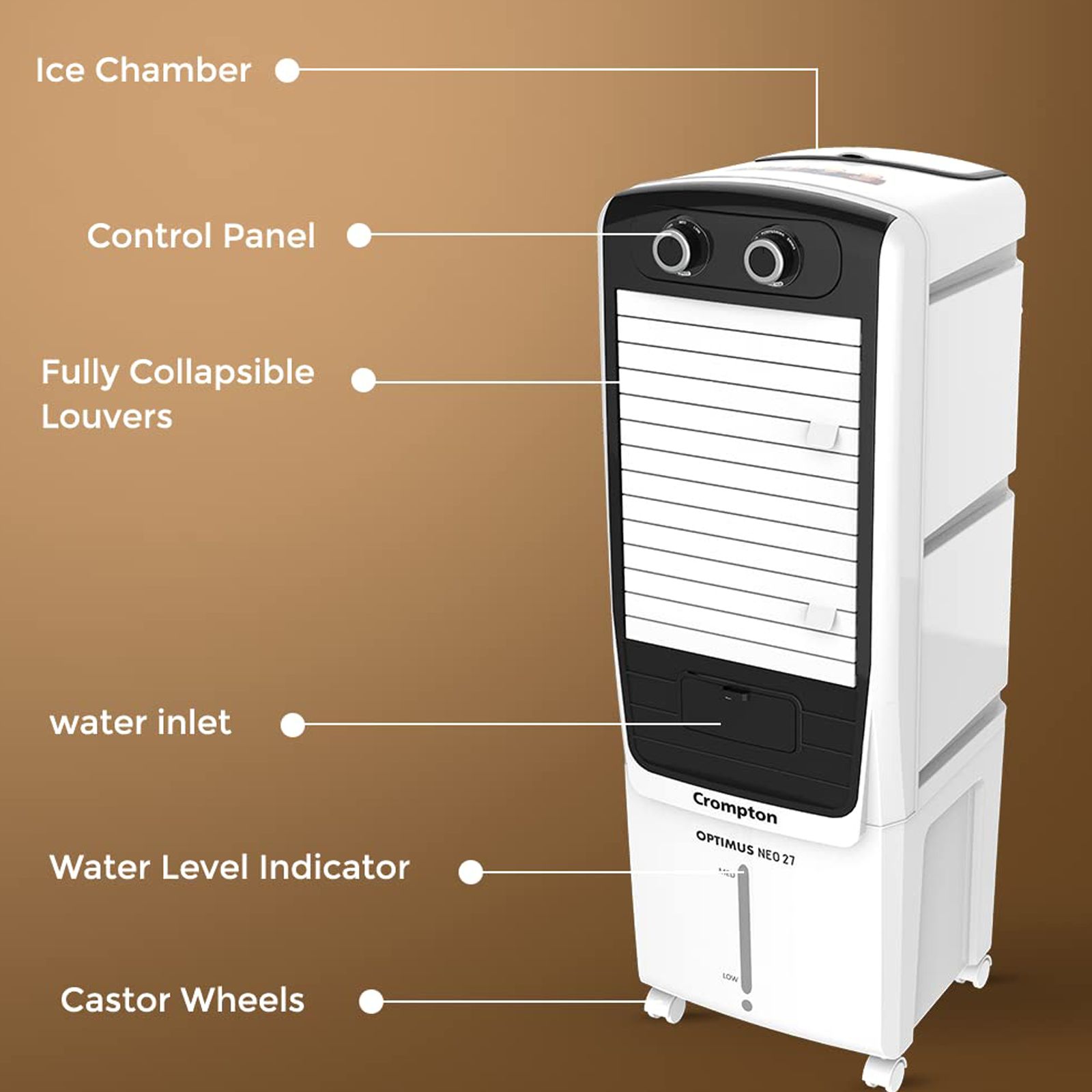 Crompton Optimus Neo 27 Litres Tower Air Cooler (4 Way Air Deflection, ACGC-OPTIMUSNEO27, White and Black) Crompton Optimus Neo 27 Litres Tower Air Cooler (4 Way Air Deflection, ACGC-OPTIMUSNEO27, White and Black)_6