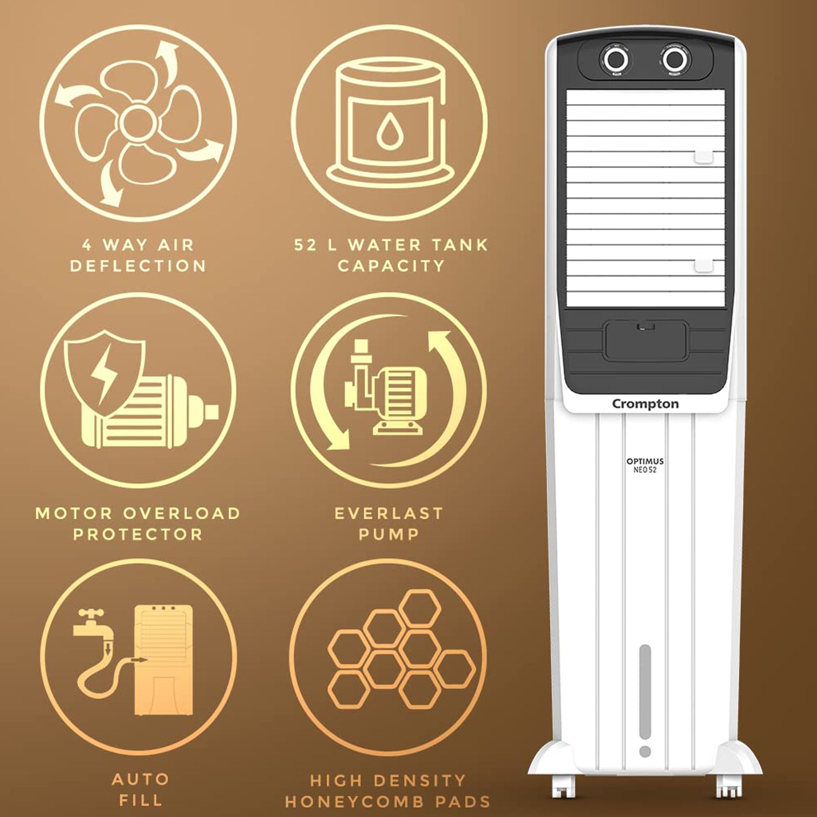 Crompton Optimus Neo 52 Litres Tower Air Cooler (4 Way Air Deflection, ACGC-OPTIMUSNEO52, White)_3
