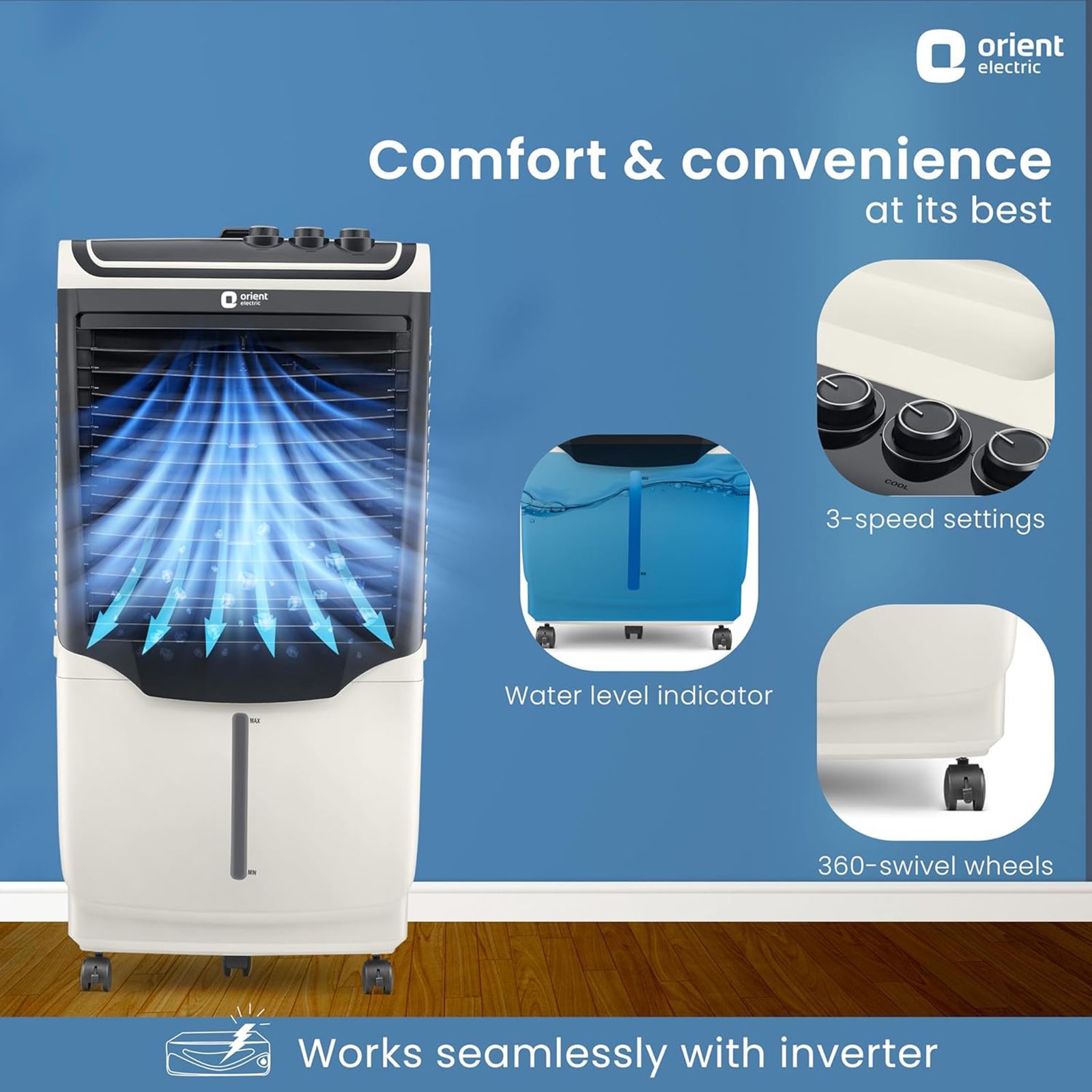 Orient Avante 90 Litres Desert Air Cooler with Inverter Compatible (Ice Chamber, White & Dark Grey)_11