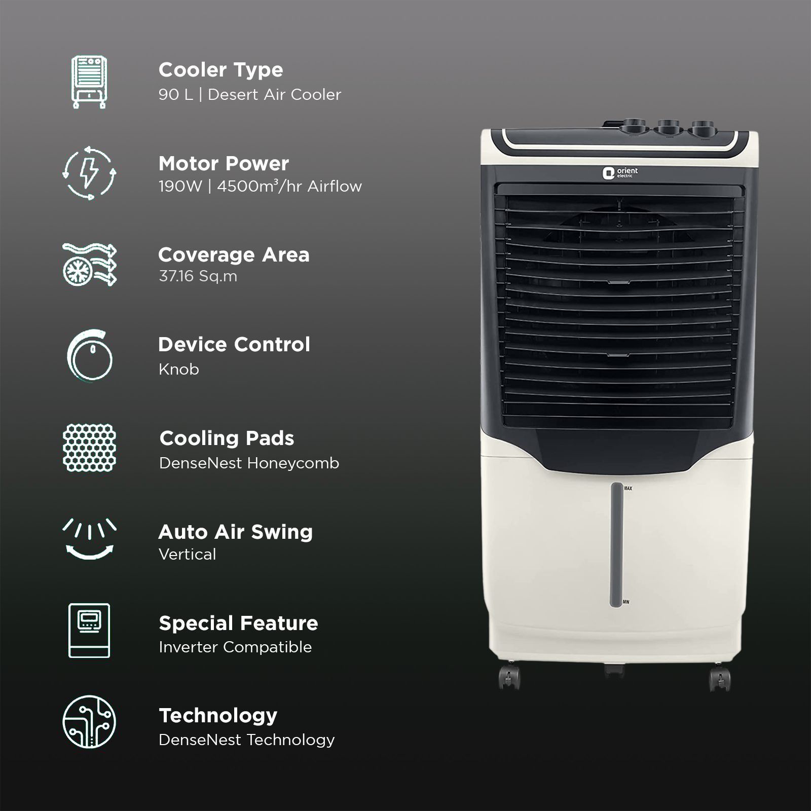 Orient Avante 90 Litres Desert Air Cooler with Inverter Compatible (Ice Chamber, White & Dark Grey) Orient Avante 90 Litres Desert Air Cooler with Inverter Compatible (Ice Chamber, White & Dark Grey)_3