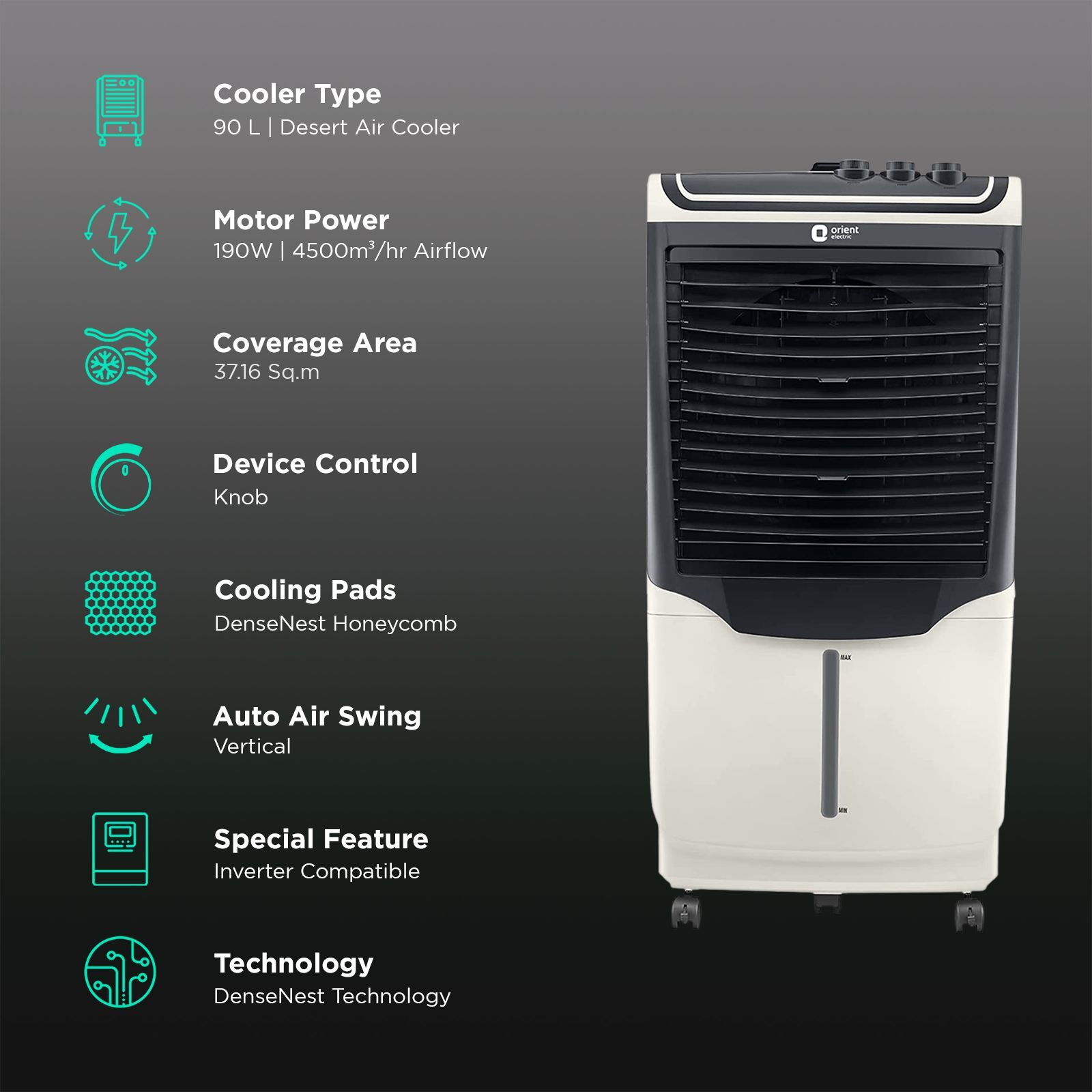 Orient Avante 90 Litres Desert Air Cooler with Inverter Compatible (Ice Chamber, White & Dark Grey)_3