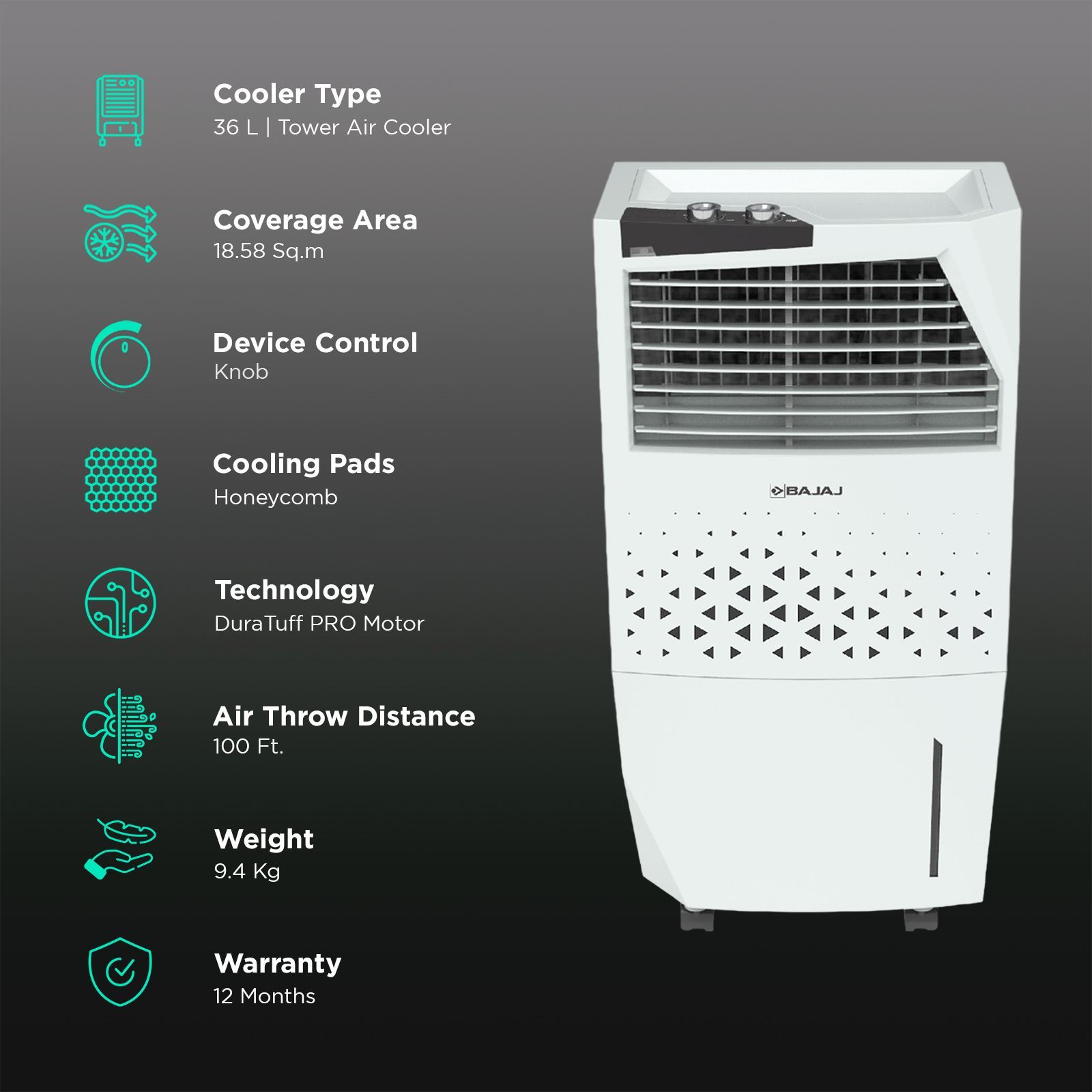 BAJAJ Shield Skive Nios 36 Litres Tower Air Cooler with DuraMarine PRO Pump (Anti Bacterial Hexacool Master, White)_3