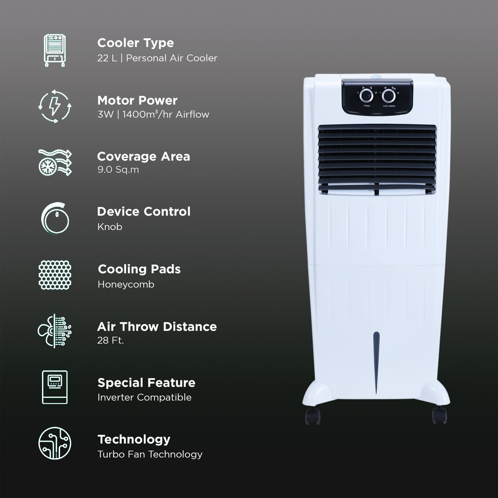 ONIDA Aero 22 Litres Personal Air Cooler with Ice Chamber (Water Level Indicator, White)_3