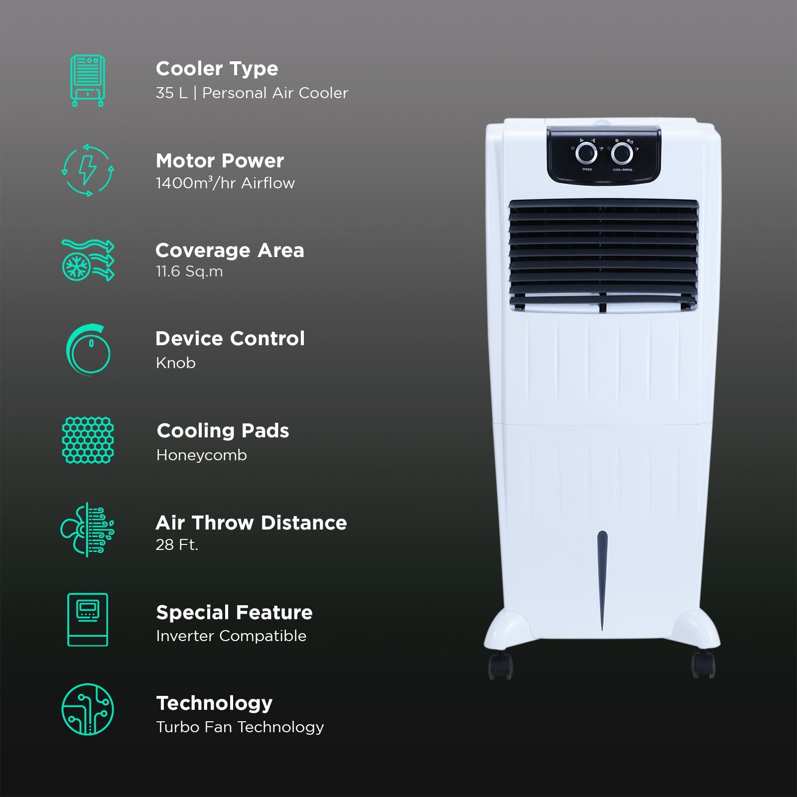 ONIDA Aero 35 Litres Personal Air Cooler with Ice Chamber (Water Level Indicator, White)_3