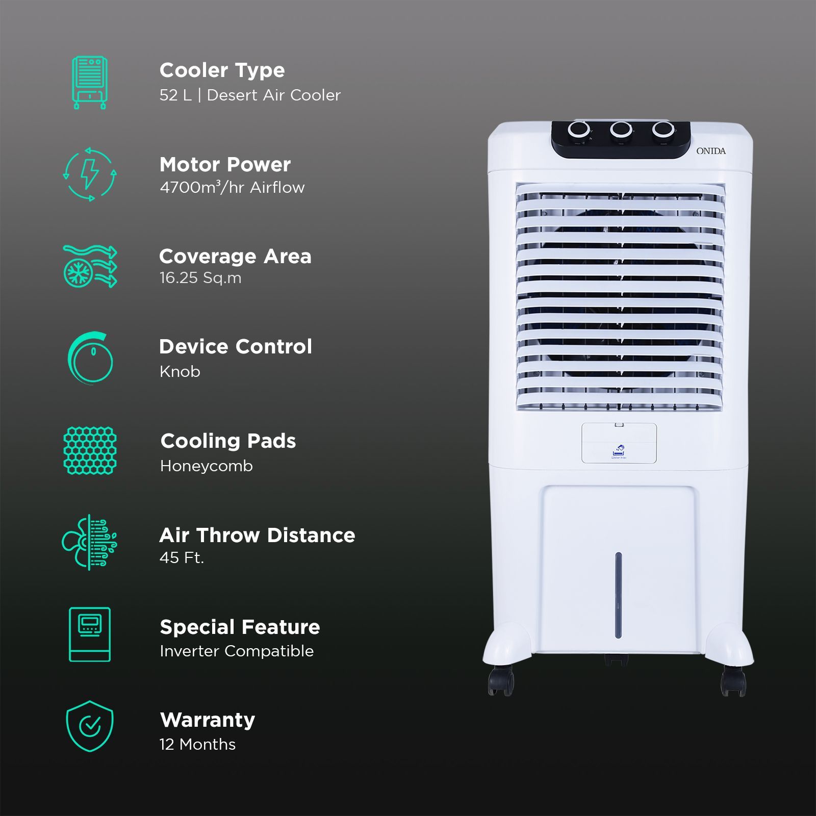 ONIDA Tempest 52 Litres Desert Air Cooler with Ice Chamber (Water Level Indicator, White)_3