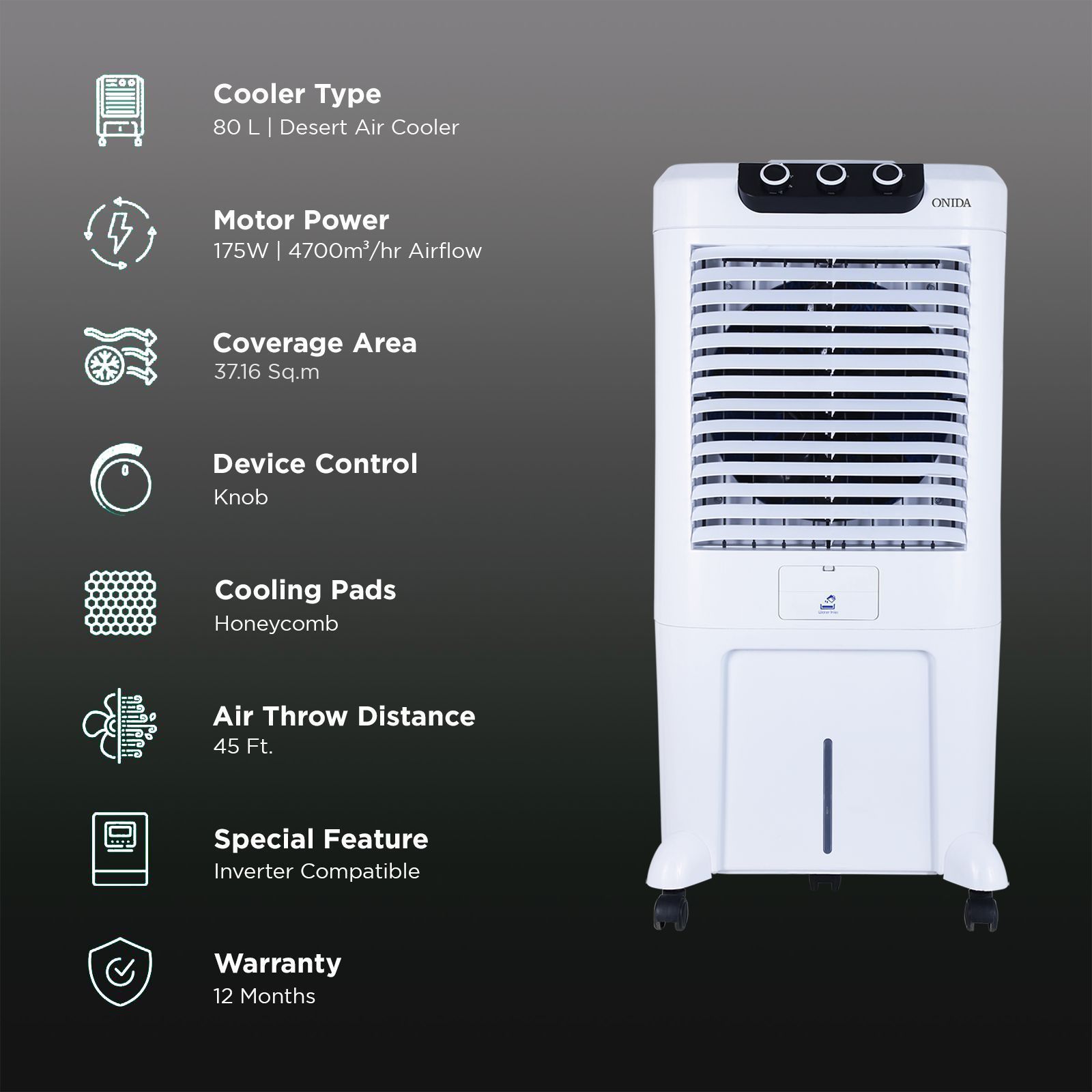 ONIDA Tempest 80 Litres Desert Air Cooler with Ice Chamber (Water Level Indicator, White) ONIDA Tempest 80 Litres Desert Air Cooler with Ice Chamber (Water Level Indicator, White)_3
