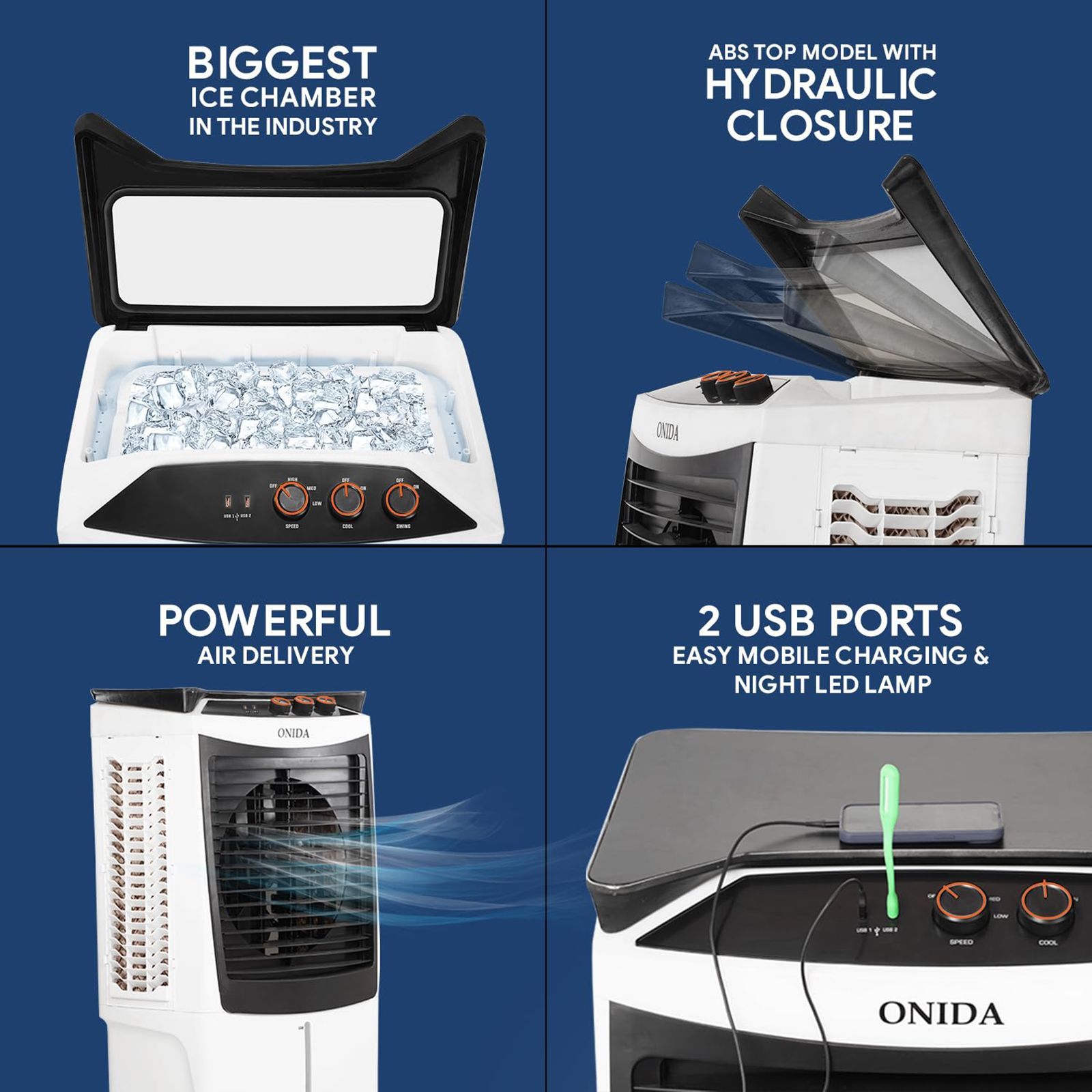 ONIDA Storm 90 Litres Desert Air Cooler with Ice Chamber (Water Level Indicator, White & Black)_13