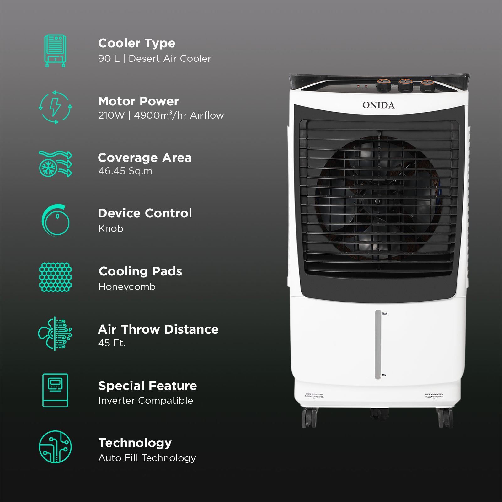 ONIDA Storm 90 Litres Desert Air Cooler with Ice Chamber (Water Level Indicator, White & Black)_3