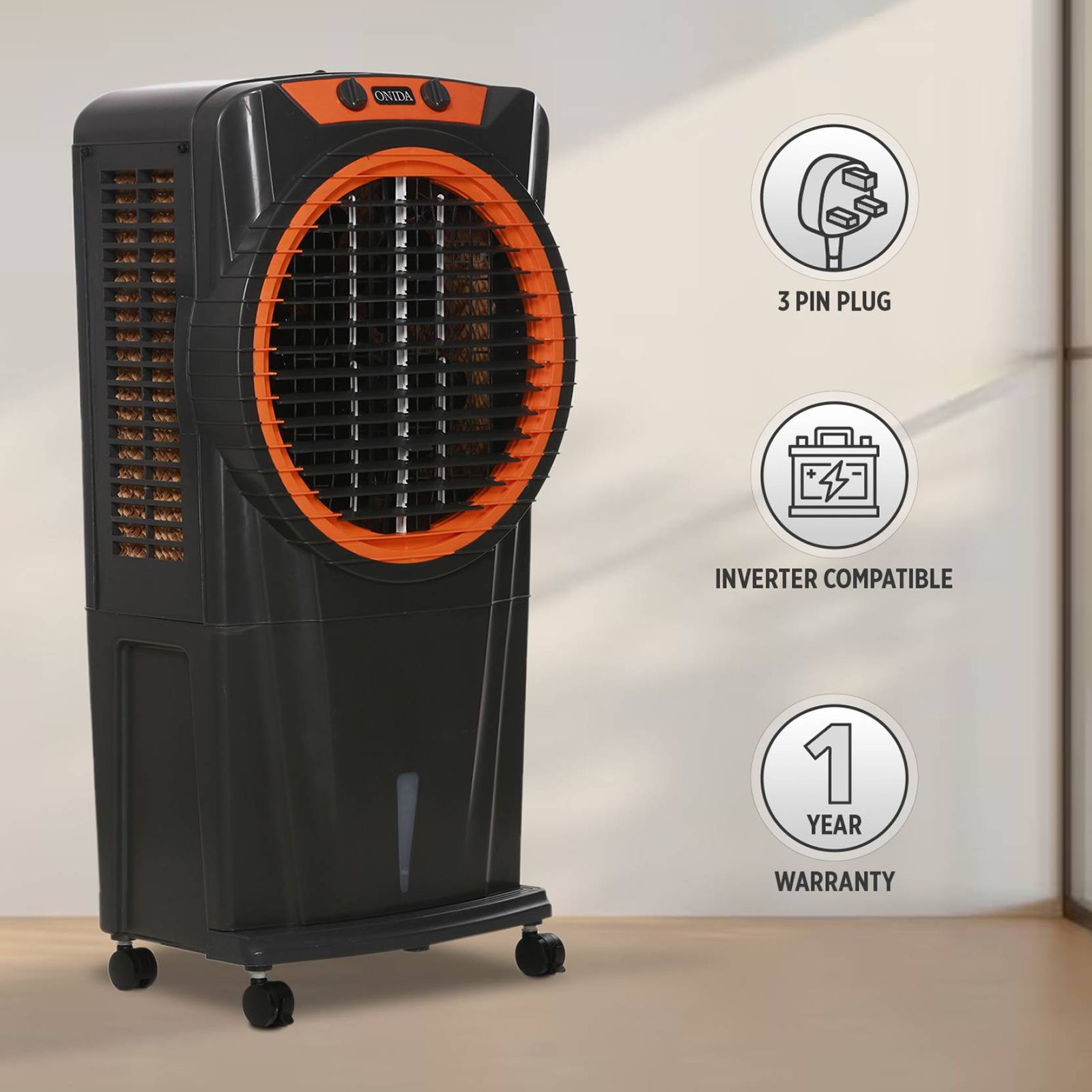 ONIDA 95 Litres Desert Air Cooler with Ice Chamber (Water Level Indicator, Dark Grey & Orange) ONIDA 95 Litres Desert Air Cooler with Ice Chamber (Water Level Indicator, Dark Grey & Orange)_12