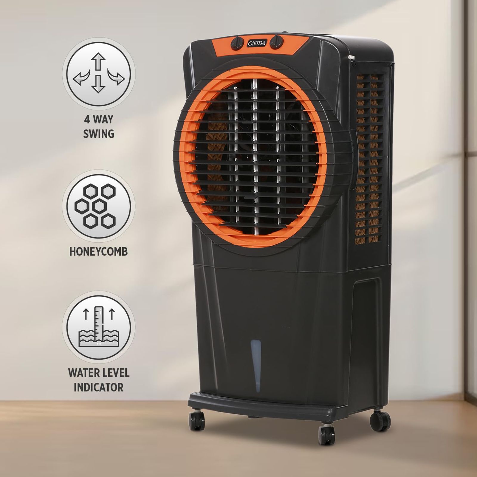 ONIDA 95 Litres Desert Air Cooler with Ice Chamber (Water Level Indicator, Dark Grey & Orange) ONIDA 95 Litres Desert Air Cooler with Ice Chamber (Water Level Indicator, Dark Grey & Orange)_18