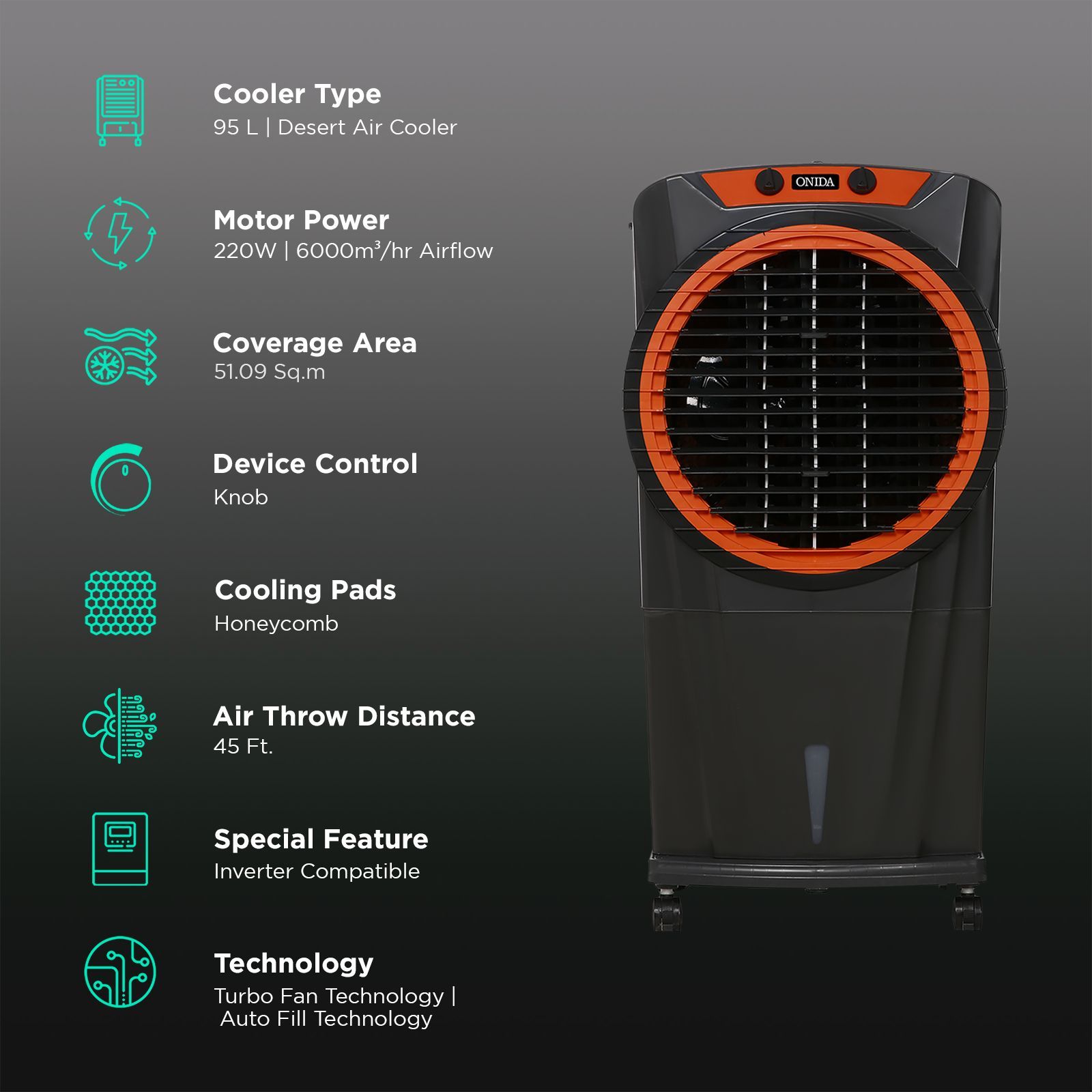 ONIDA 95 Litres Desert Air Cooler with Ice Chamber (Water Level Indicator, Dark Grey & Orange) ONIDA 95 Litres Desert Air Cooler with Ice Chamber (Water Level Indicator, Dark Grey & Orange)_3