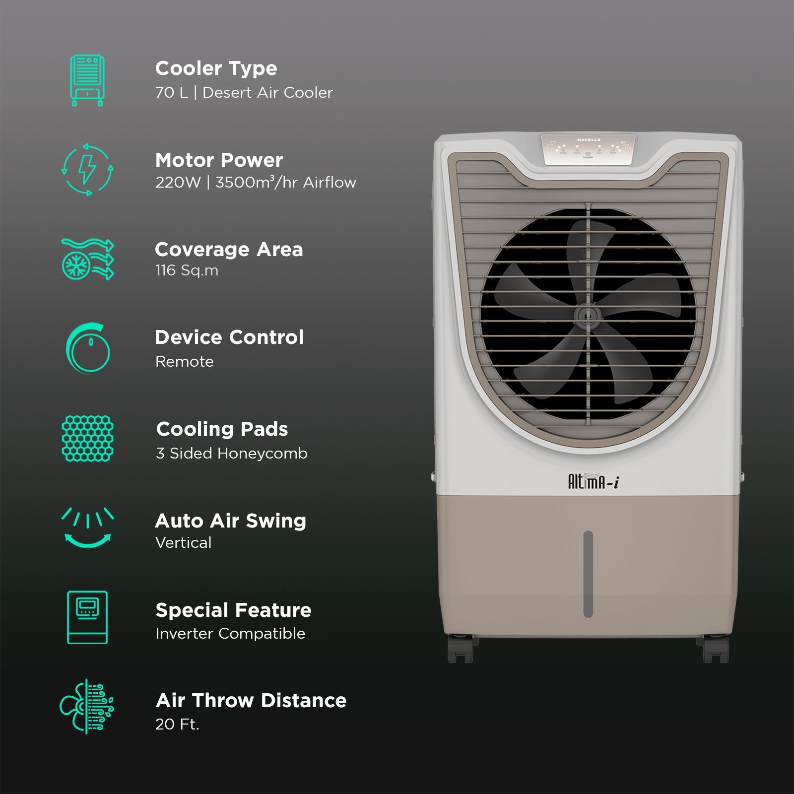 HAVELLS Altima-I 70 Litres Desert Air Cooler with Inverter Compatible (Thermal Overload Protection, White & Champagne Gold)_3
