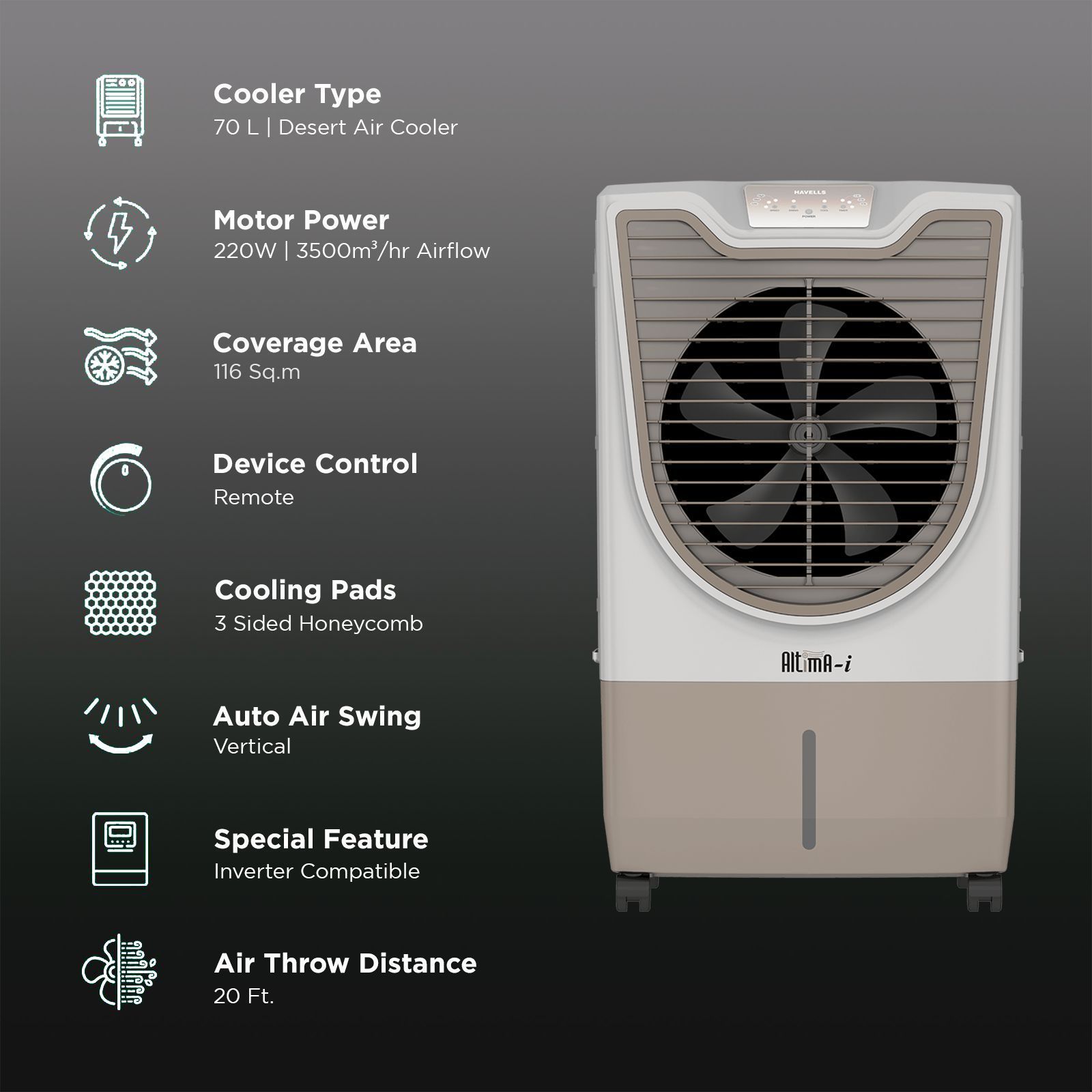 HAVELLS Altima-I 70 Litres Desert Air Cooler with Inverter Compatible (Thermal Overload Protection, White & Champagne Gold)_3