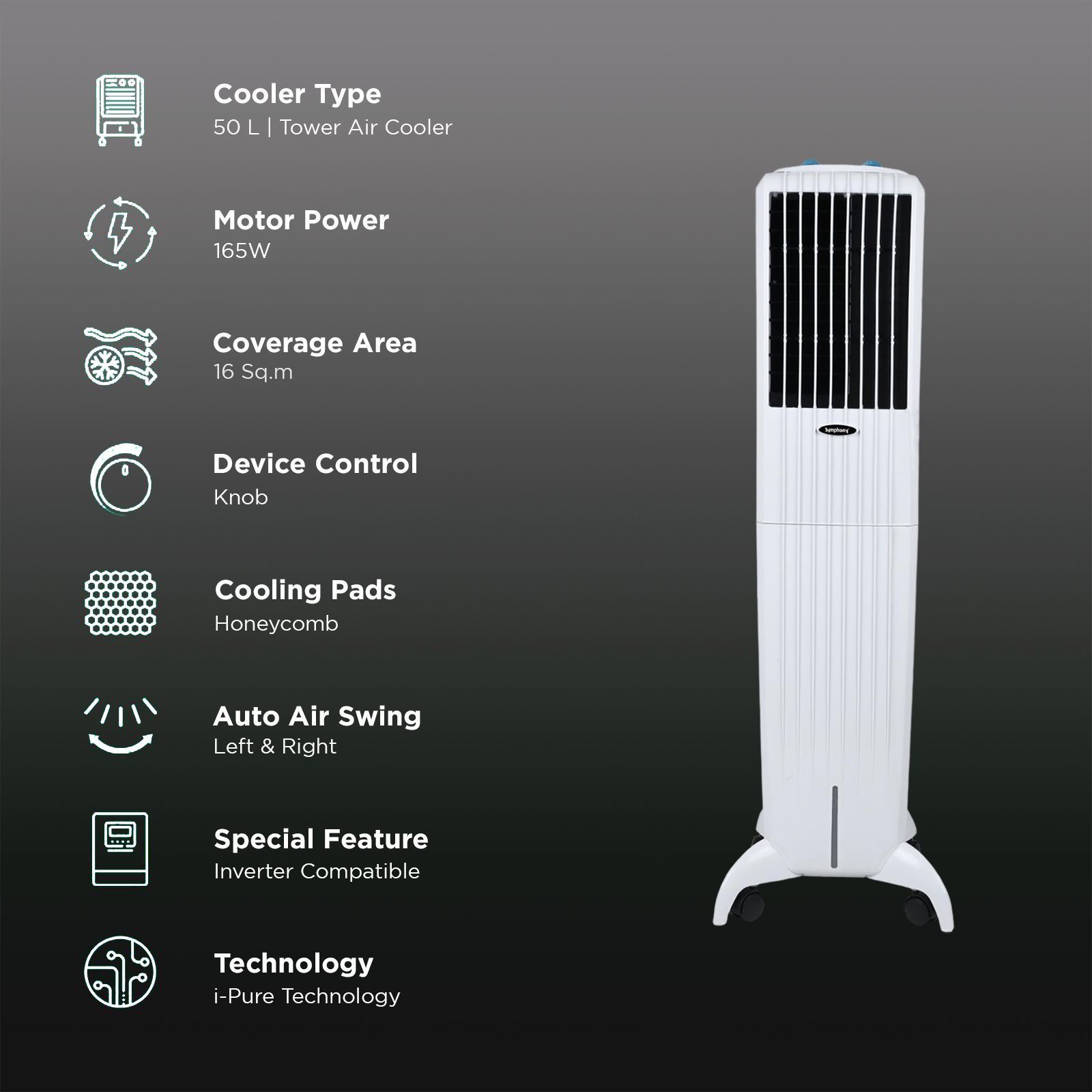 Symphony Diet 50T 50 Litres Tower Air Cooler with i-Pure Technology (Cool Flow Dispenser, White)_3