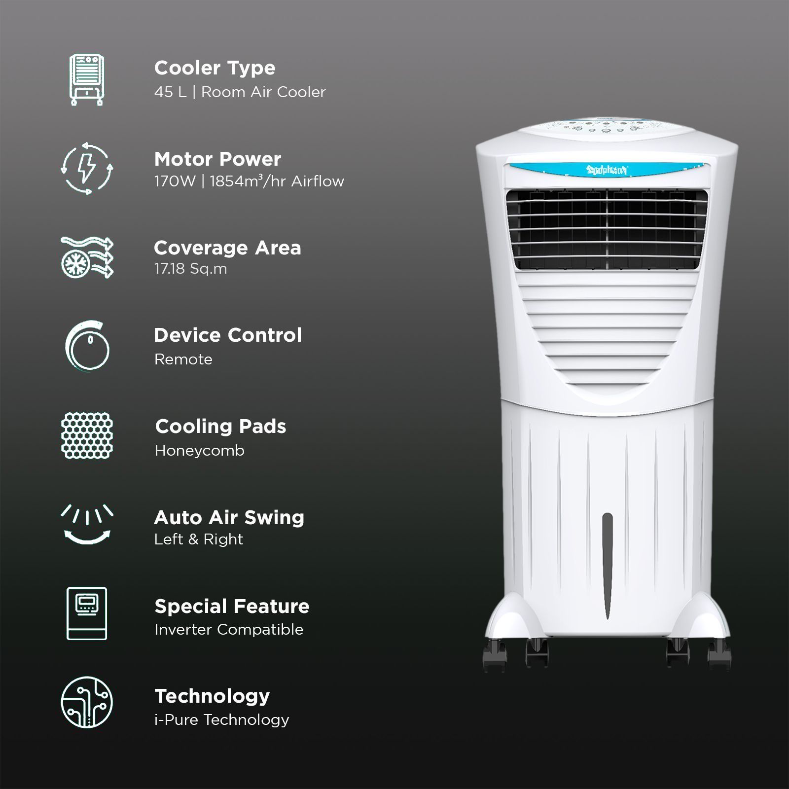 Symphony HiCool 45i 45 Litres Room Air Cooler with Multi-Function Remote (Touch Control Panel, White)_3