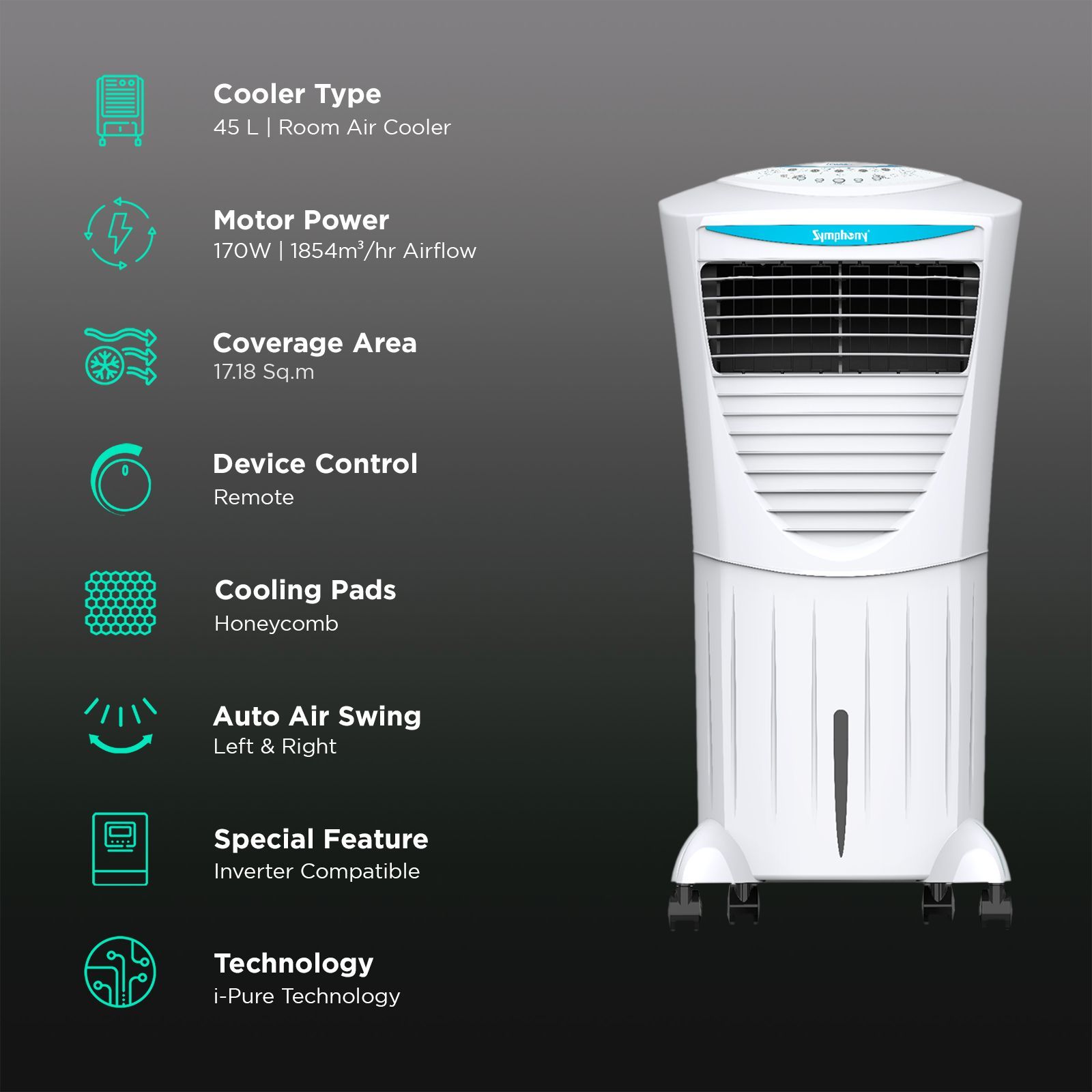 Symphony HiCool 45i 45 Litres Room Air Cooler with Multi-Function Remote (Touch Control Panel, White)_3