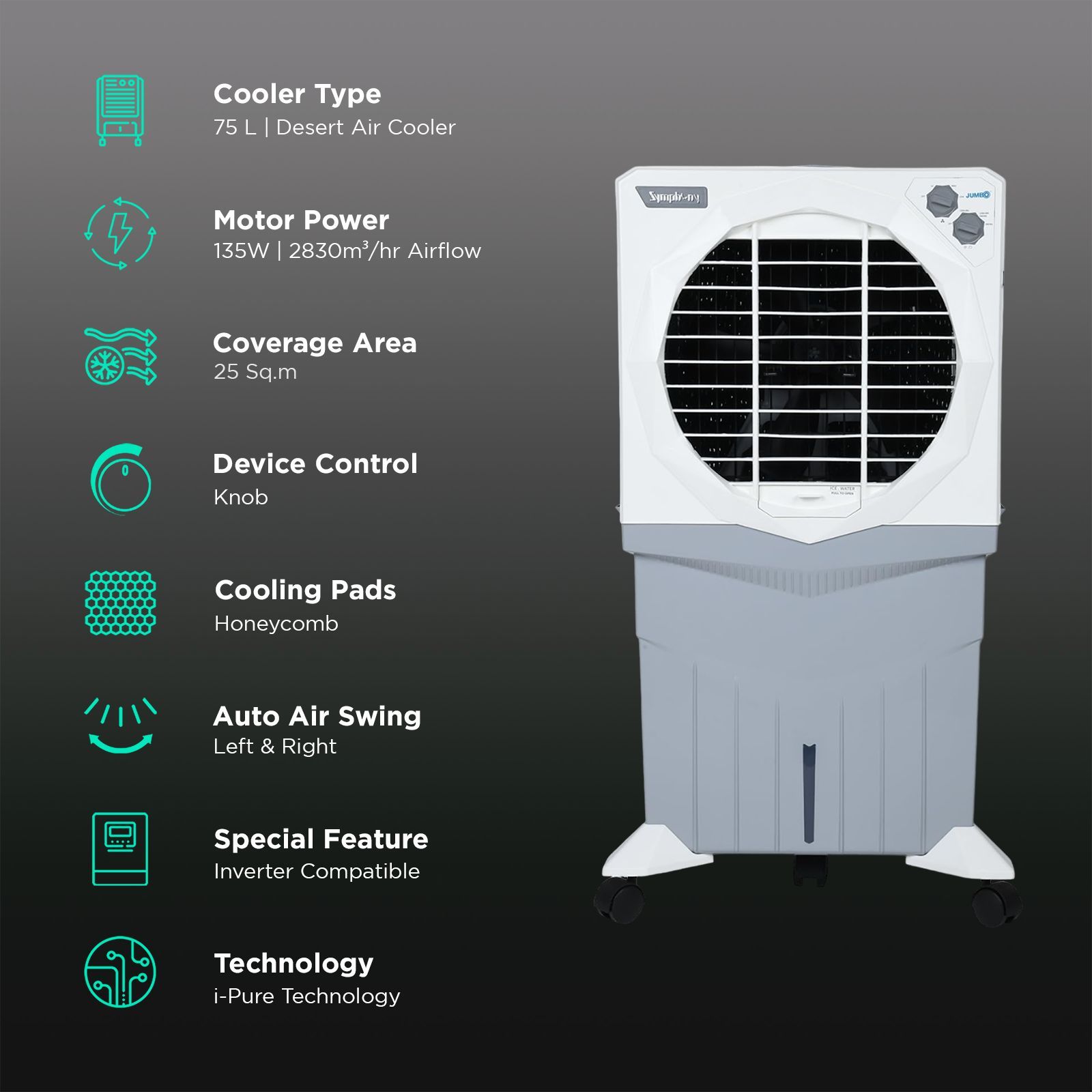 Symphony Jumbo 75XL+ 75 Litres Desert Air Cooler with Whisper-Quiet Operation (Cool Flow Dispenser, White)_3